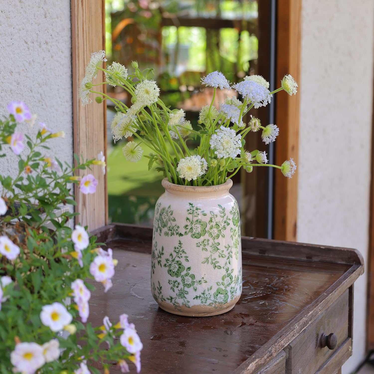 Vintage Blue and White Chinoiserie Ceramic Vase, 6.9” Hand-Painted Peony Floral Design, Antique Style Vases for Home Decor, Centerpieces, Living Room, Balcony (Green and White) - Image 6