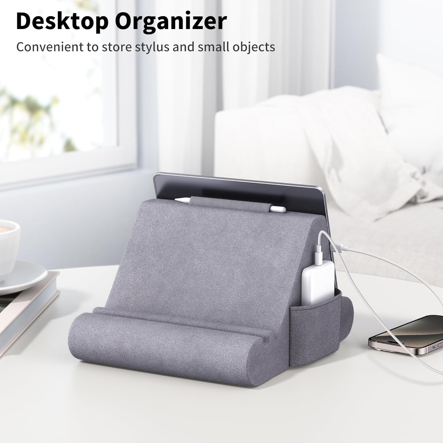 CreaDream Tablet Pillow Stand, Soft Pillow Pad for Lap, Tablet Holder Dock for Bed with 3 Viewing Angles, Pocket, Stylus Mount, Compatible with iPad Pro 13, 10.5, 9.7 Air, Mini, Galaxy Tab, E-Reader