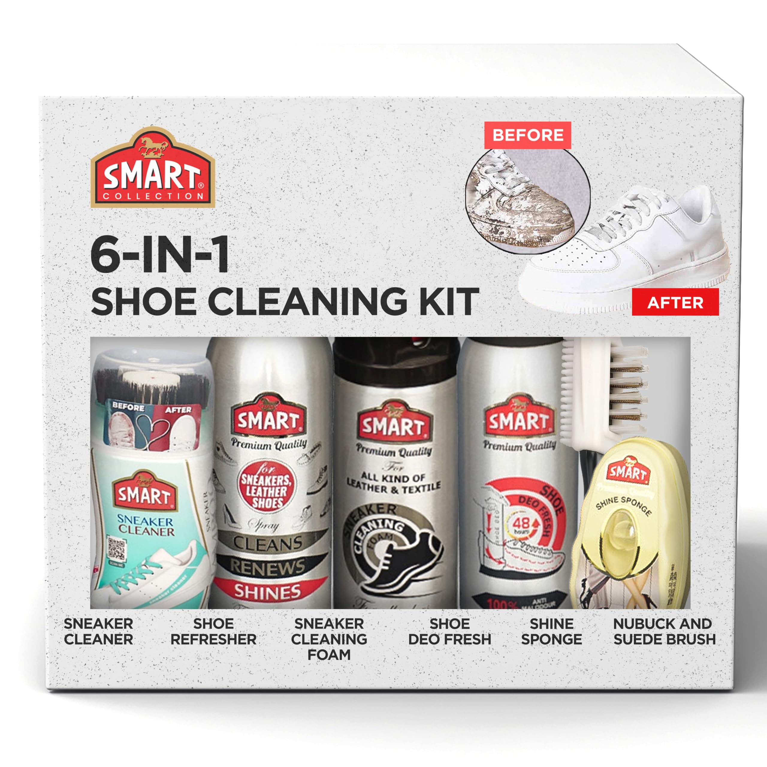 Premium Shoe Care Kit - 6-in-One Cleaner for Leather, Canvas, Suede and Nubuck - Odor and Spot Remover for Golf, Basketball, Tennis and Other Sport Shoes, Saddle Shoes and Gym Footwear- 6 pcs