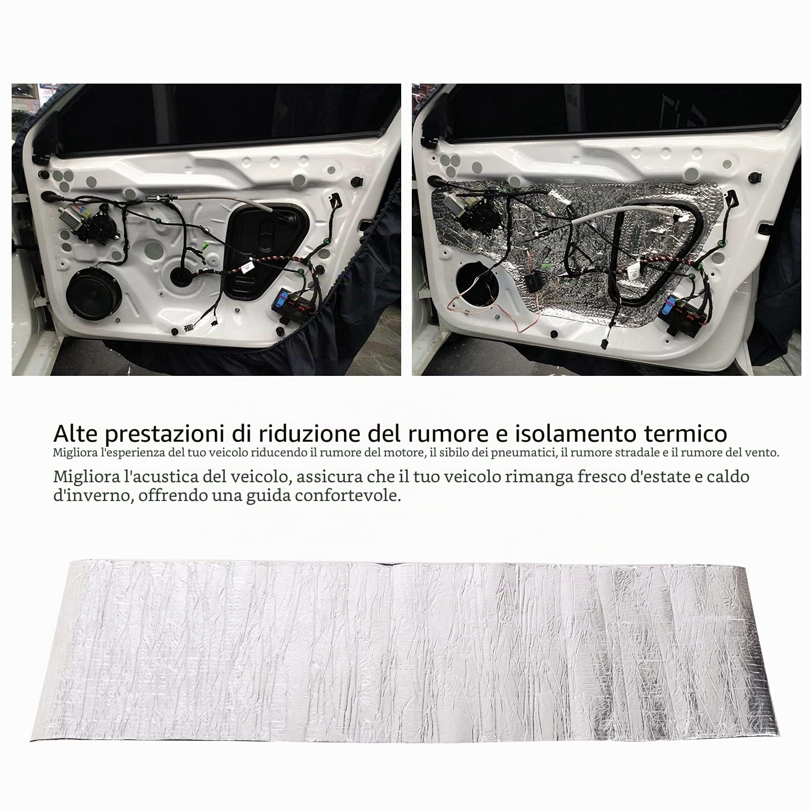 Fydun Tappetino Fonoassorbente, Isolamento Termico Auto 200x50cm, Schiuma Fonoassorbente 10mm Spessore, Riduzione Rumore Motore, Uso Universale per Coibentazione Cappuccio, Porte, Pavimento, Trunk | Alluminio e gomma cotone, per cofano porte e bagagliaio,