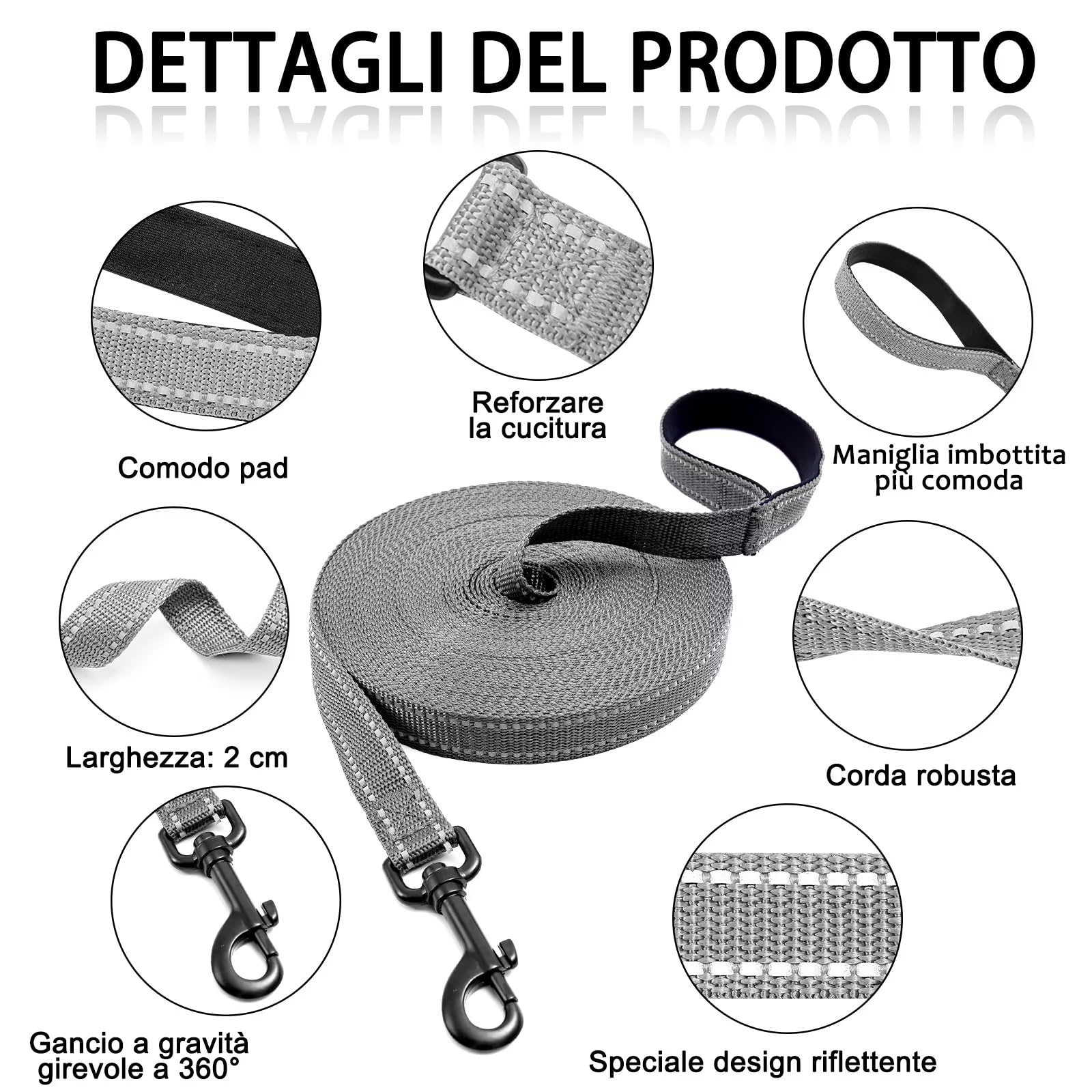 COMSLE Guinzaglio Addestramento per Cani, Lunghina per Cane Cani 3 metri / 5 metri / 10 metri / 15metri / 20metri con Gancio Robusto e Manico Imbotita, Guinzaglio per Cani Piccola e Taglia Grande