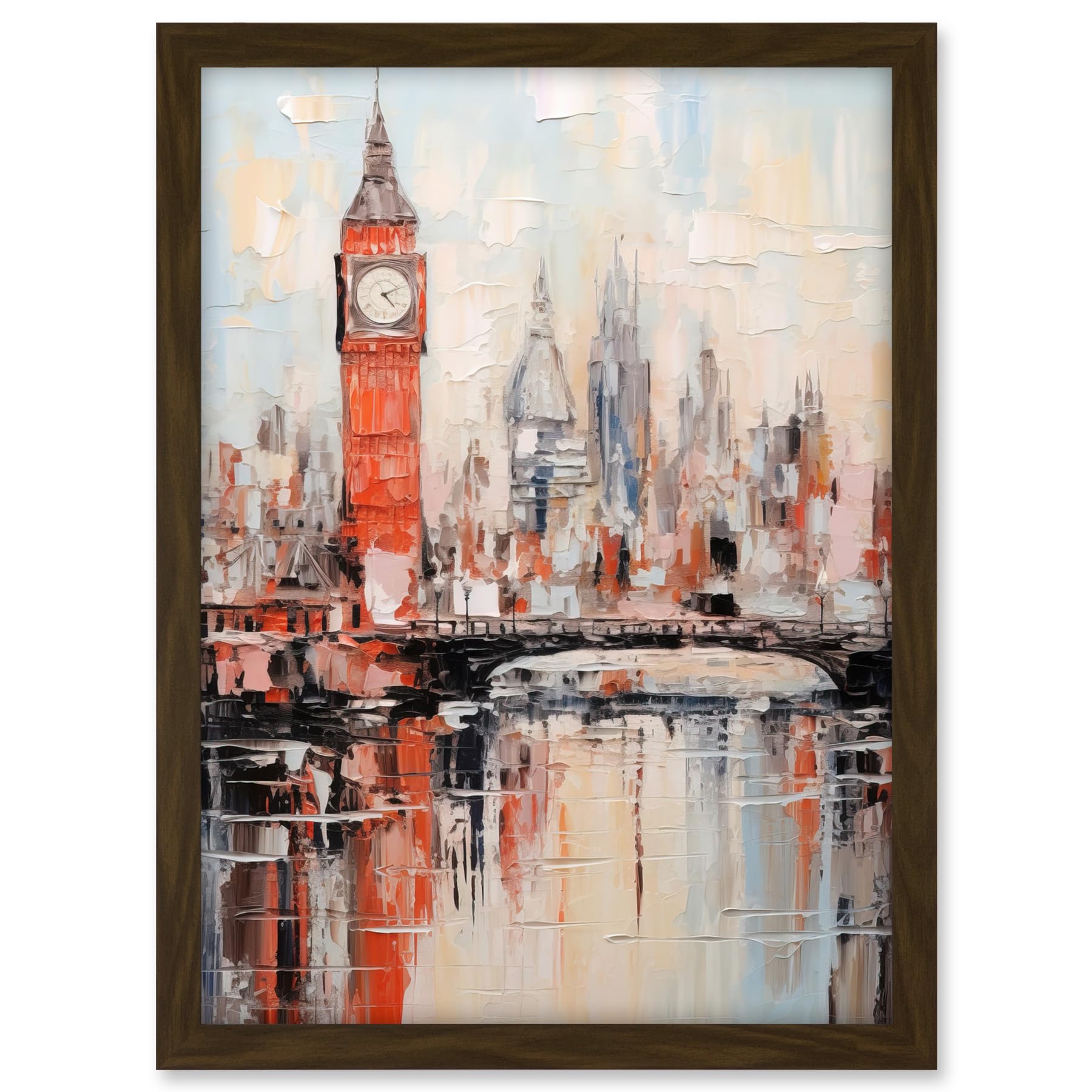 Artery8 London Skyline Abstract Oil Painting Thick Paint Red Big Ben River Thames Westminster Bridge England City Artwork Framed A3 Wall Art Print