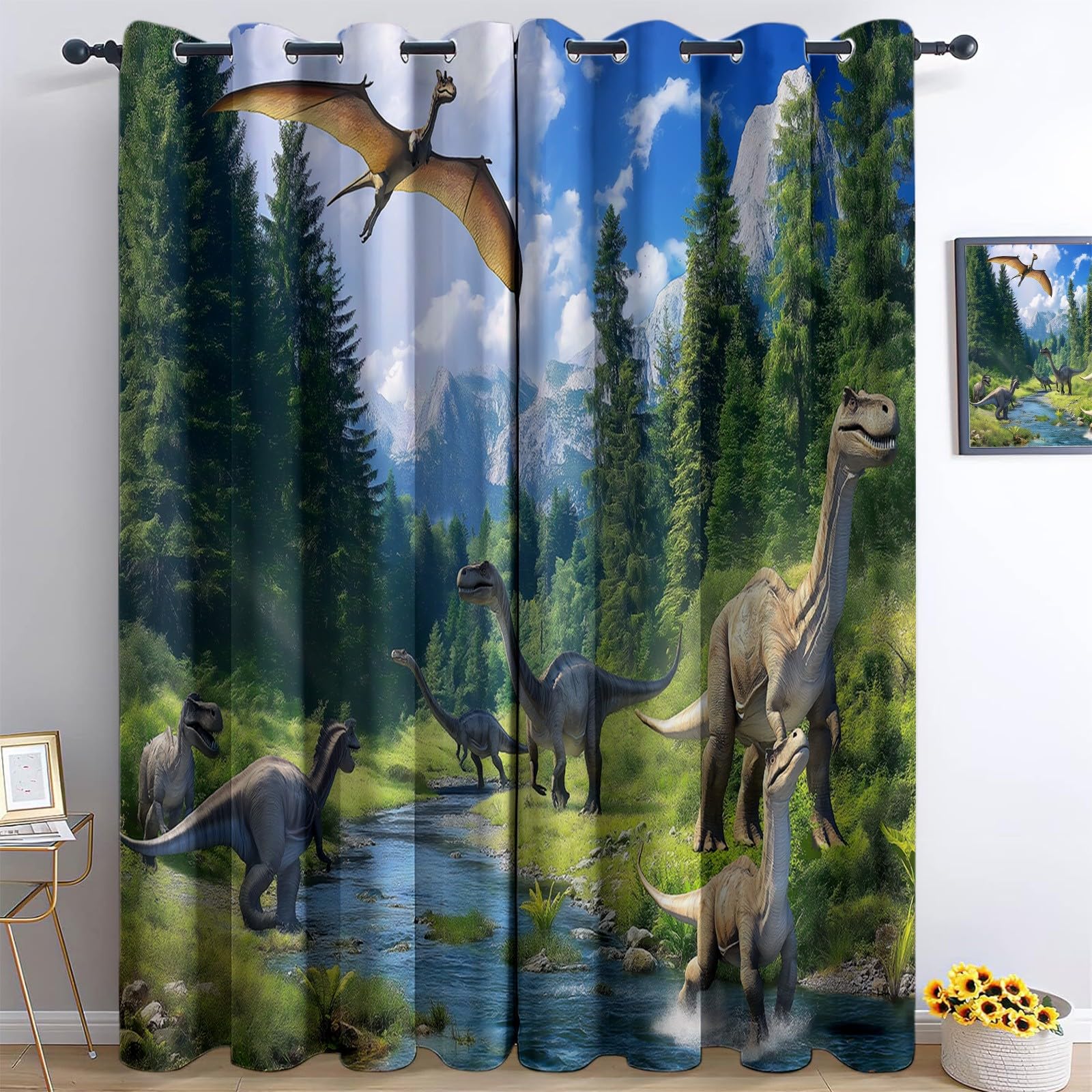 Blackout Curtains Bedroom 3D Print Photography Forest Grassland Dinosaur Curtains Eyelet Darkening Thermal Insulated Ring Top Drapes For Living Room Boys Girls Room 55” W x 102” L 2 Panels