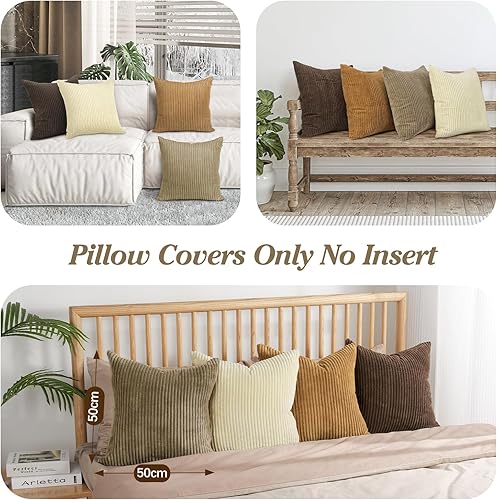 Miniatura 7 de Lewondr Juego de 4 fundas de almohada de pana de 20 x 20 pulgadas, fundas cuadradas suaves a juego multicolor a juego, fundas modernas a rayas para