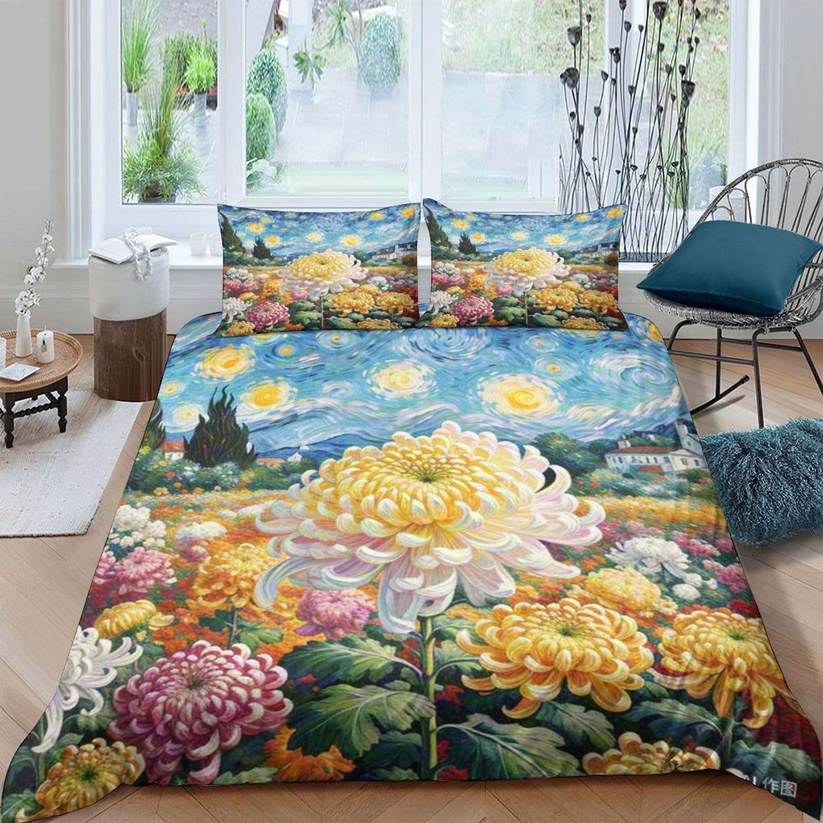 Housse de couette chrysanthème 3D en microfibre King 220x240cm avec taies d'oreiller