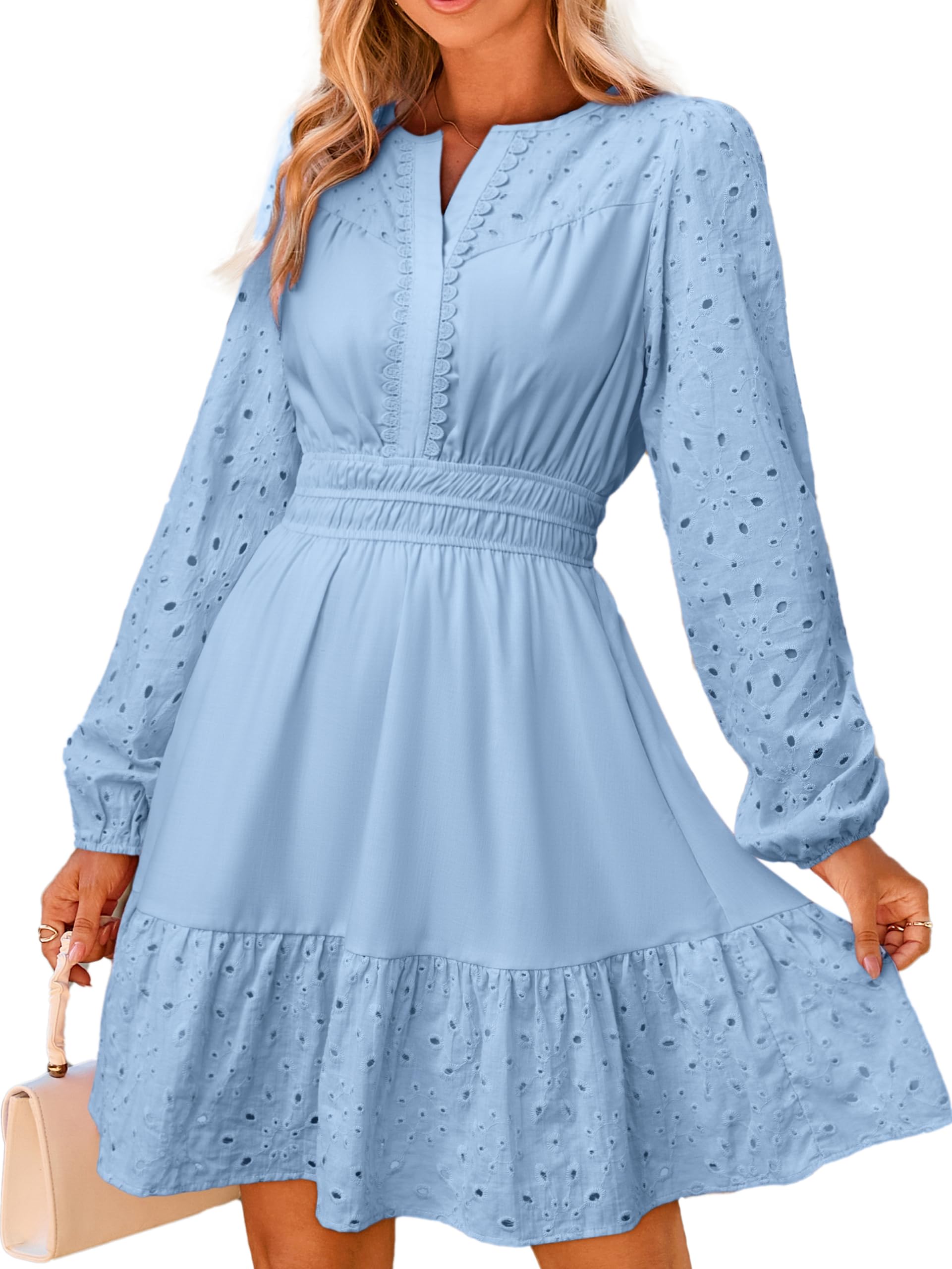 Womens Eyelet Long Sleeve Mini Dress 2025 Fall Boho Embroidery V Neck A Line Casual Short Party Dresses