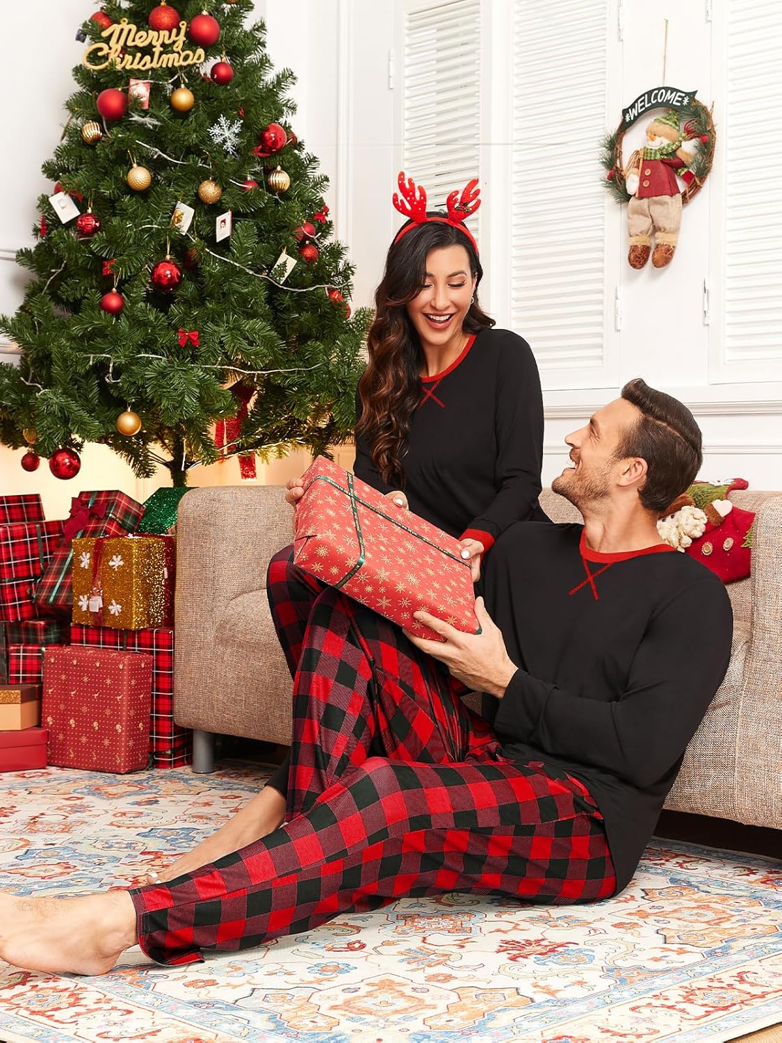 Men & Women Pajama Sets for Couples Long Sleeve Sleepwear Plaid Pants with Pockets Xmas Pjs Black & Red Plaid S - Image 6