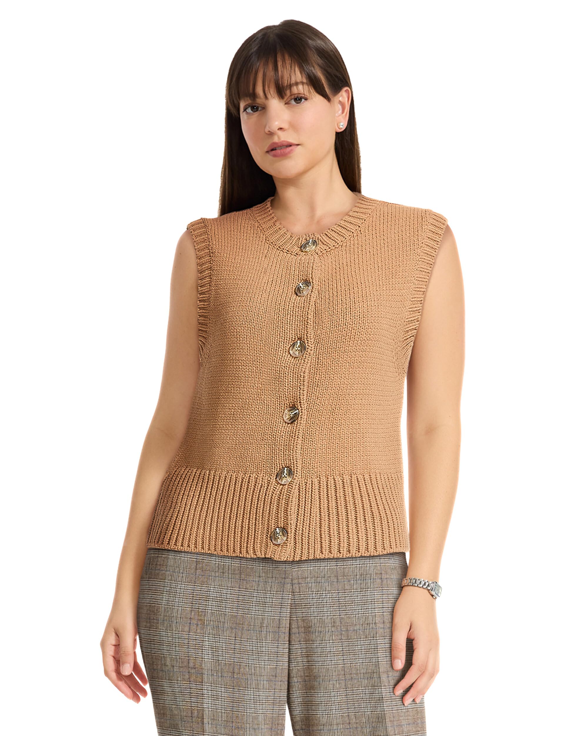 Anne Klein Women's Sleeveless Button Front Sweater Vest, Vicuna, XL