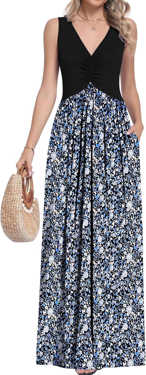 Womens Maxi Dress Summer Sleeveless V-Neck Long Dresses with Pockets 2026 New