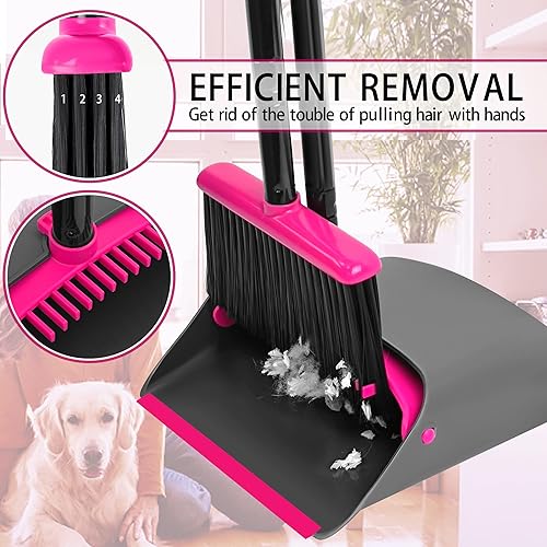 Miniatura 6 de JEHONN Juego de escoba y recogedor para el hogar, gris, rojo y rojo rosa, mango largo, escoba ligera giratoria de 180 grados, bandeja de polvo