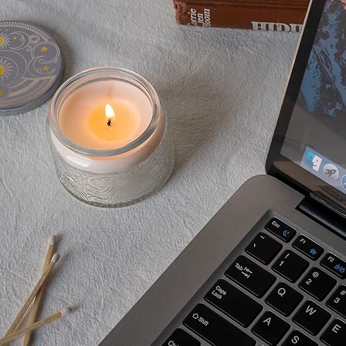 Miniatura 7 de Art Secret Paquete de 12 tarros de vela de vidrio en relieve de 4 onzas con tapas y etiquetas, diseño patentado de estrellas de sol y luna para