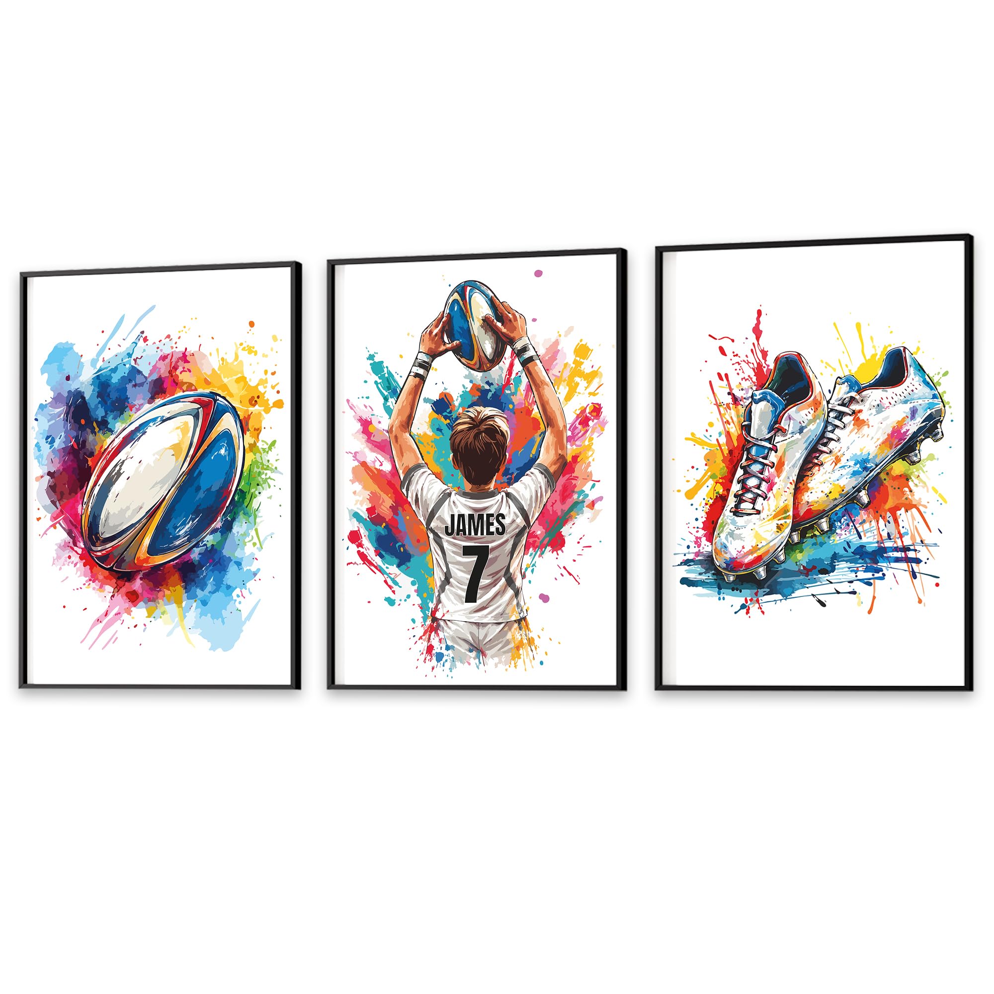 Personalised Rugby Wall Art Prints Set of 3 Boys Bedroom Decor, Rugby Player Gifts