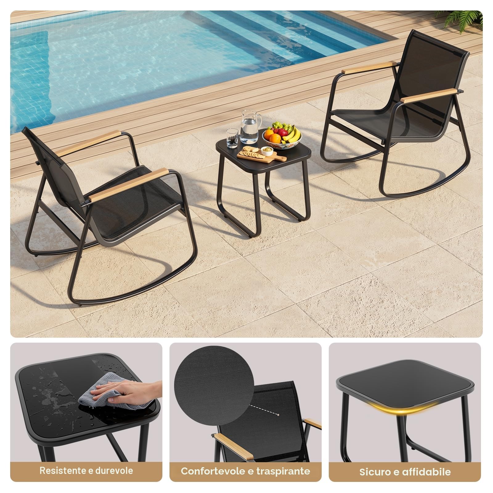 Xbro Salotto da Giardino 3 Pezzi con 2 Poltrone Oscillanti e Tavolino in Vetro Temperato, Set da Esterno in Textilene con Braccioli in WPC, Mobili per Balcone Terrazza Cortile Piscina, Nero