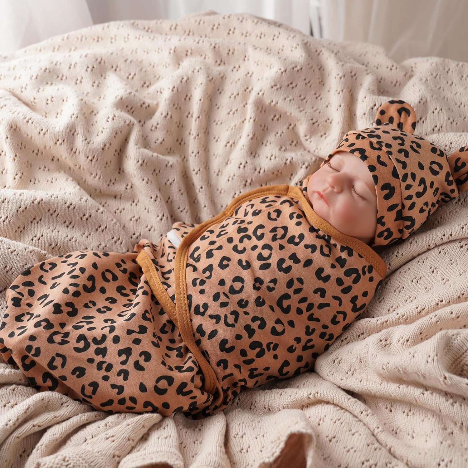 BABESIDE Reborn Baby Doll Accessories Clothes - Swaddle Blanket with Leopard Print and Hat for 17-24" Baby Doll, Pretend Play Gift for Kids