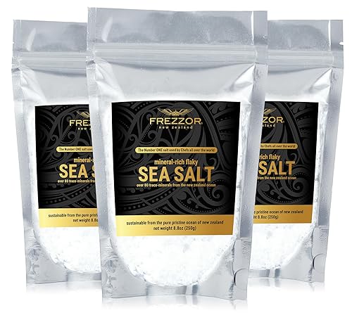FREZZOR Sal marina escamosa, 7.4 onzas de copos de sal marina gourmet prémium de Nueva Zelanda, 84 minerales y oligoelementos, 100% natural, sal