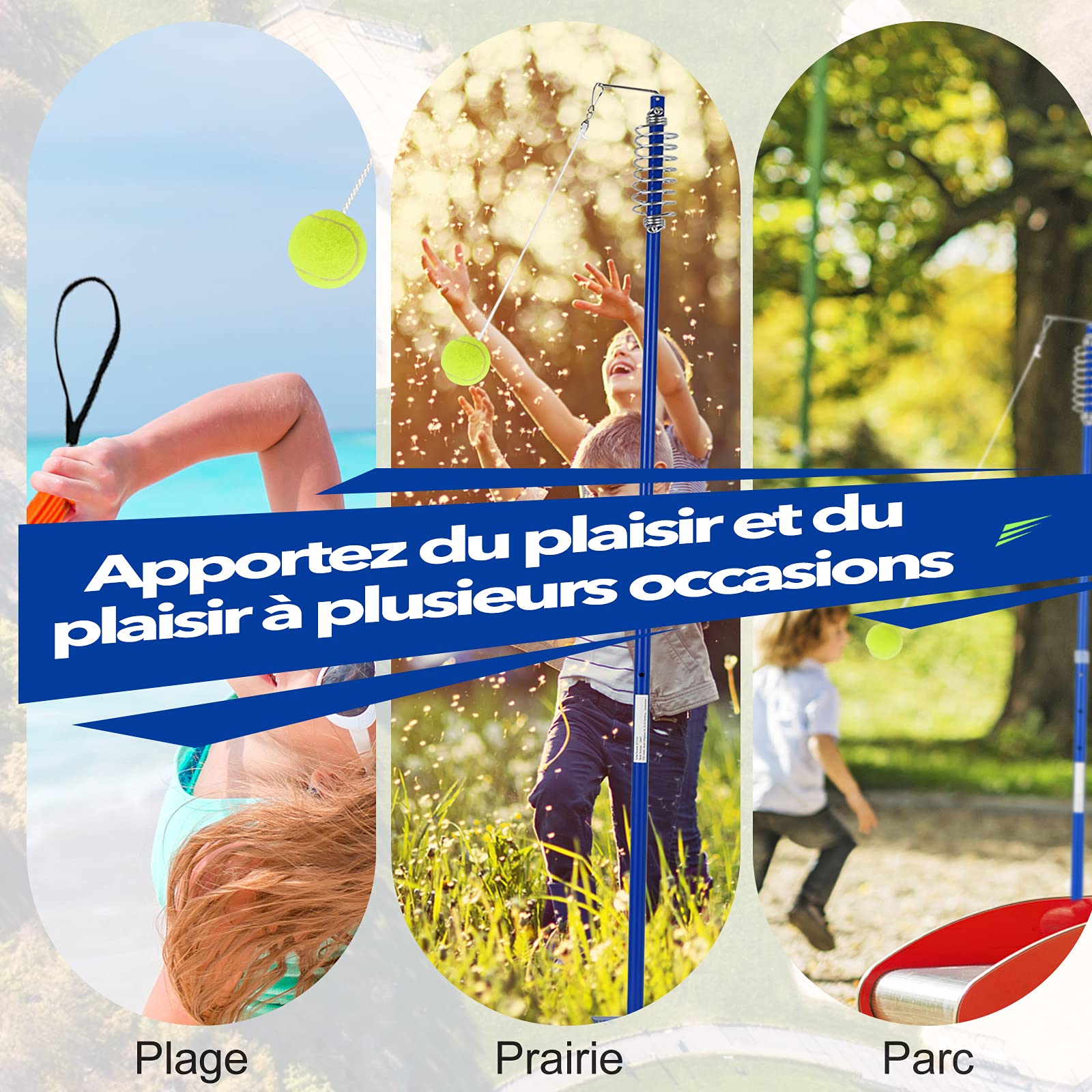 COSTWAY Twistball Pack de Speed-Ball Mobile Mains Libres Hauteur Réglable sur 3 Niveaux 124-139 cm avec Balle 2 Raquettes Jeu Familial pour Enfants Plage Cour et Pelouse