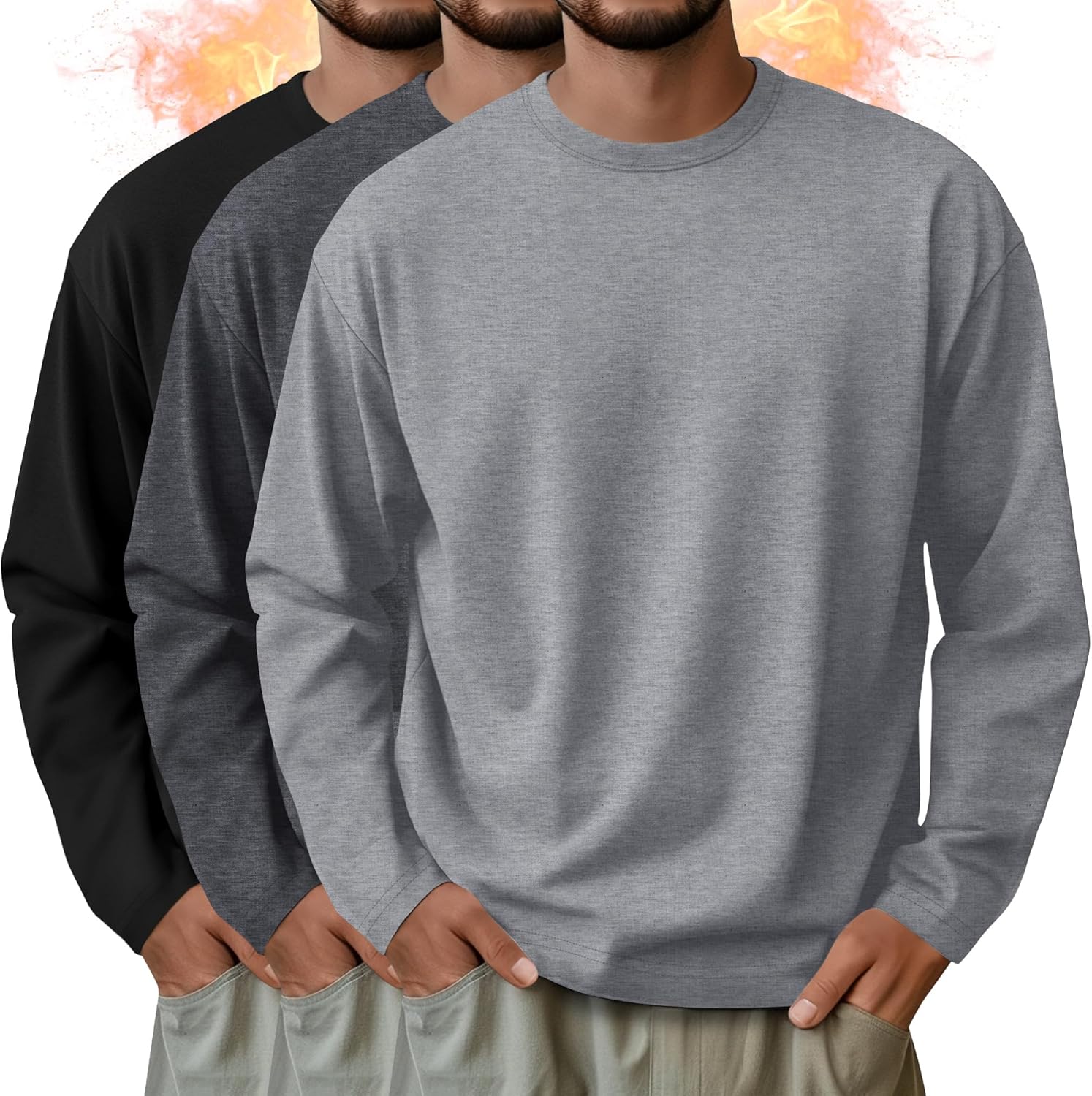 3 Pack Mens Long Sleeve Shirts Crew Neck Thermal T-Shirt Thick Pullover Basic Tops Casual Comfortable Sweatshirt