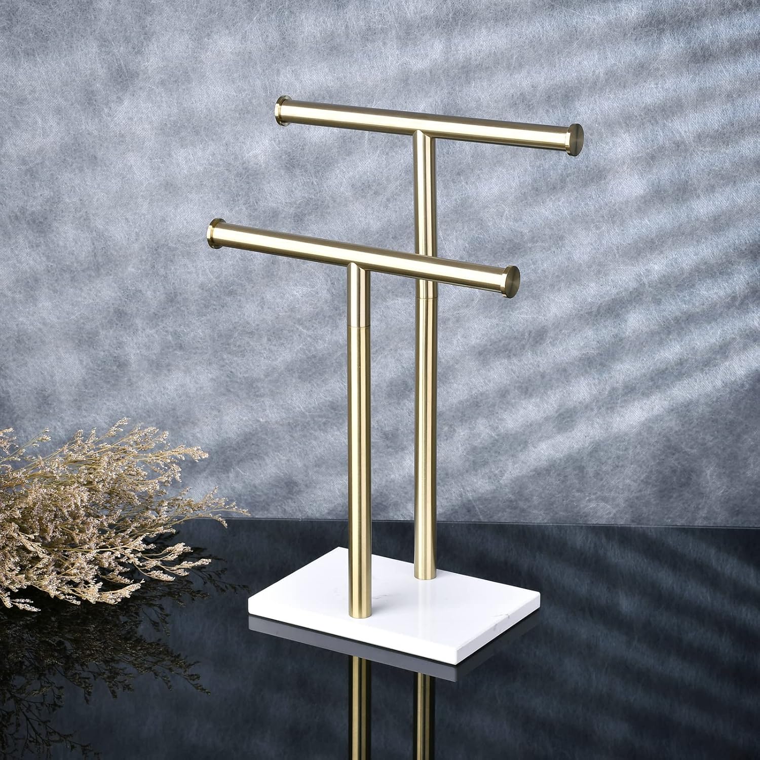 Gold Countertop Towel Rack T-Shape Towel Stand with Marble Base, Hand Towel Holder Stand for Bathroom, Kitchen,Beelee