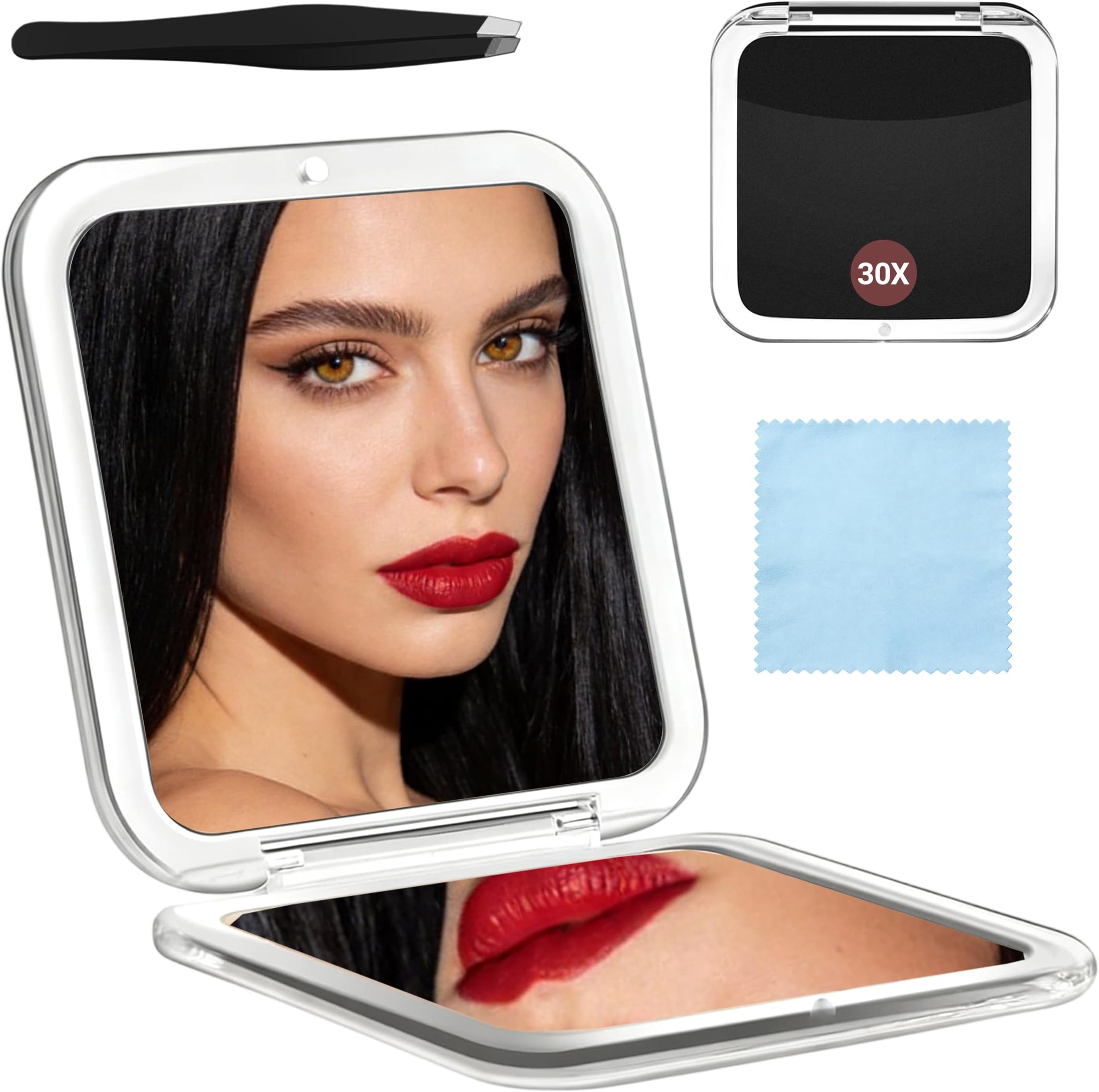 Compact Mirror, 30X Magnifying Mirror Foldable & Very Lightweight, Mini Mirror-Square 8cmx8cm, Double-Sided Magnifying for Purse, Handbag and Pocket (With Tweezers & Cleaning Cloth)