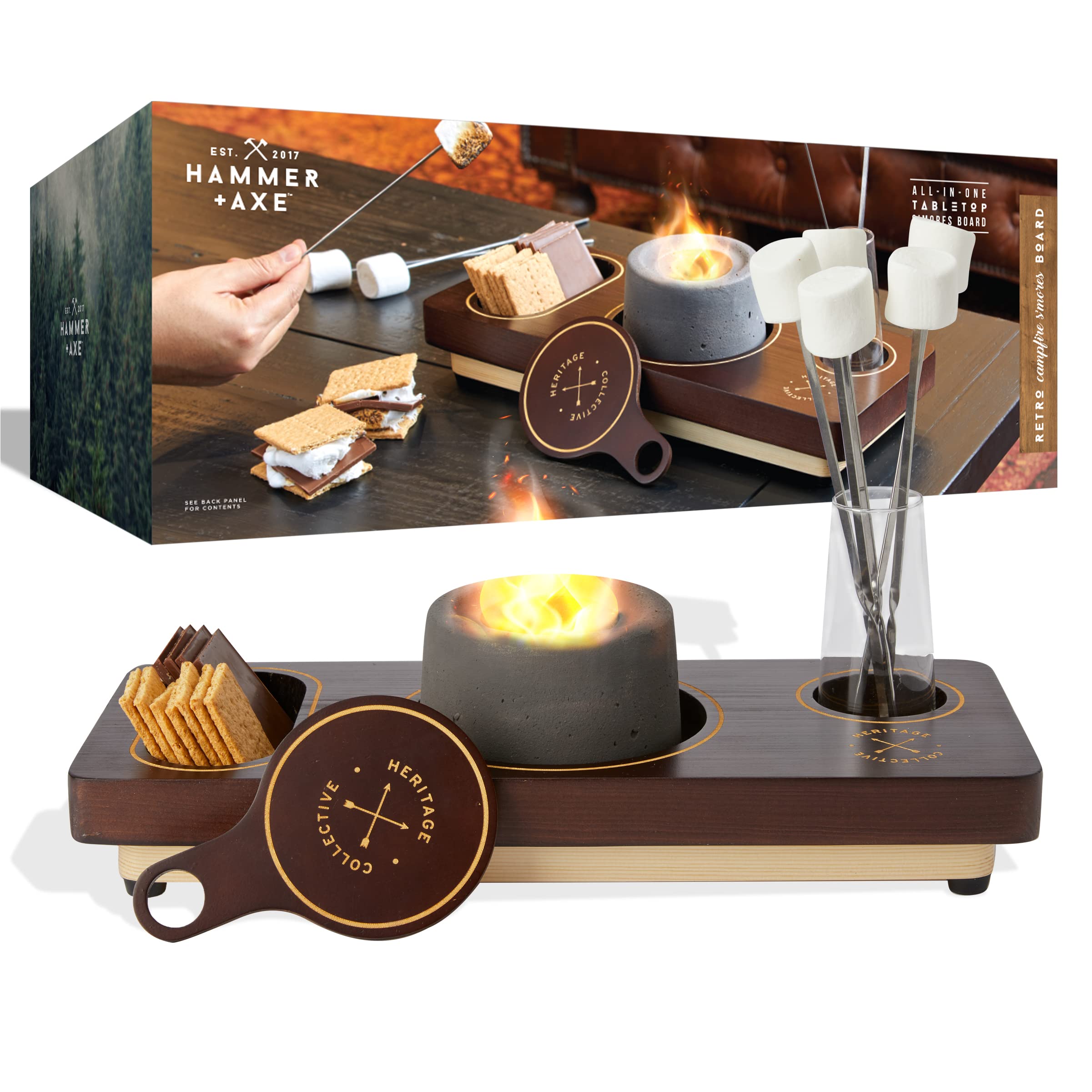 Hammer + Axe Campfire Retro S'mores Board: Premium S’mores Maker Kit with 5 Skewers, Glass Stand, Fuel Holder & Snuffer - Durable, Camping Activity, Date Night & Family Parties, Fun Kids & Adults Gift