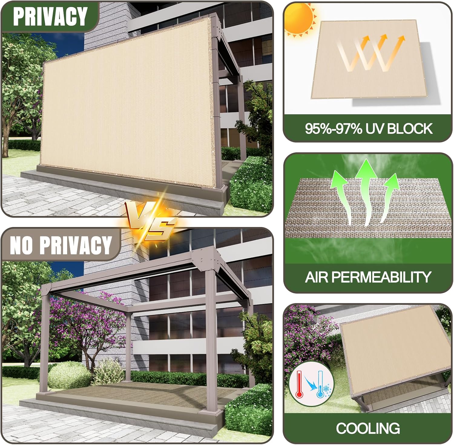 10'x 20' Pergola Shade Cover, Sand Outdoor Sun Shade Cloth with Grommets UV Block Privacy Screen for Patio, Garden, Backyard