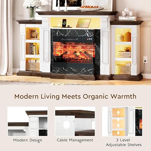 Miniatura 6 de LGHM Soporte de TV con chimenea eléctrica LED con tomacorriente, mantel de chimenea de 72 pulgadas para televisores de hasta 80 pulgadas, moderno