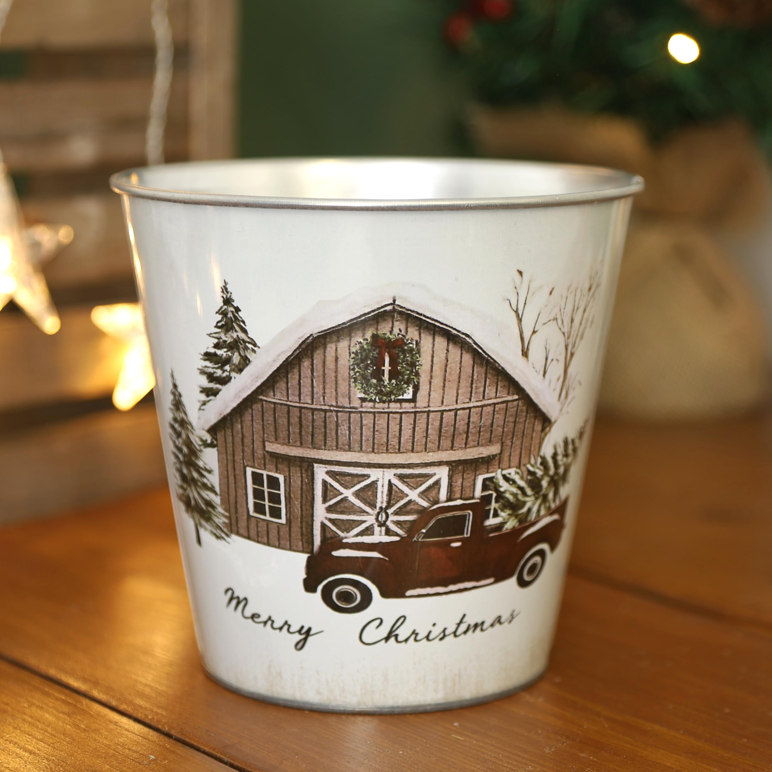Fyne-Finds Metal Merry Christmas Plant Pot Tin Pail 16cm, 6inch Car House Tree Scene Festive Xmas Planter Cover Gift (1)
