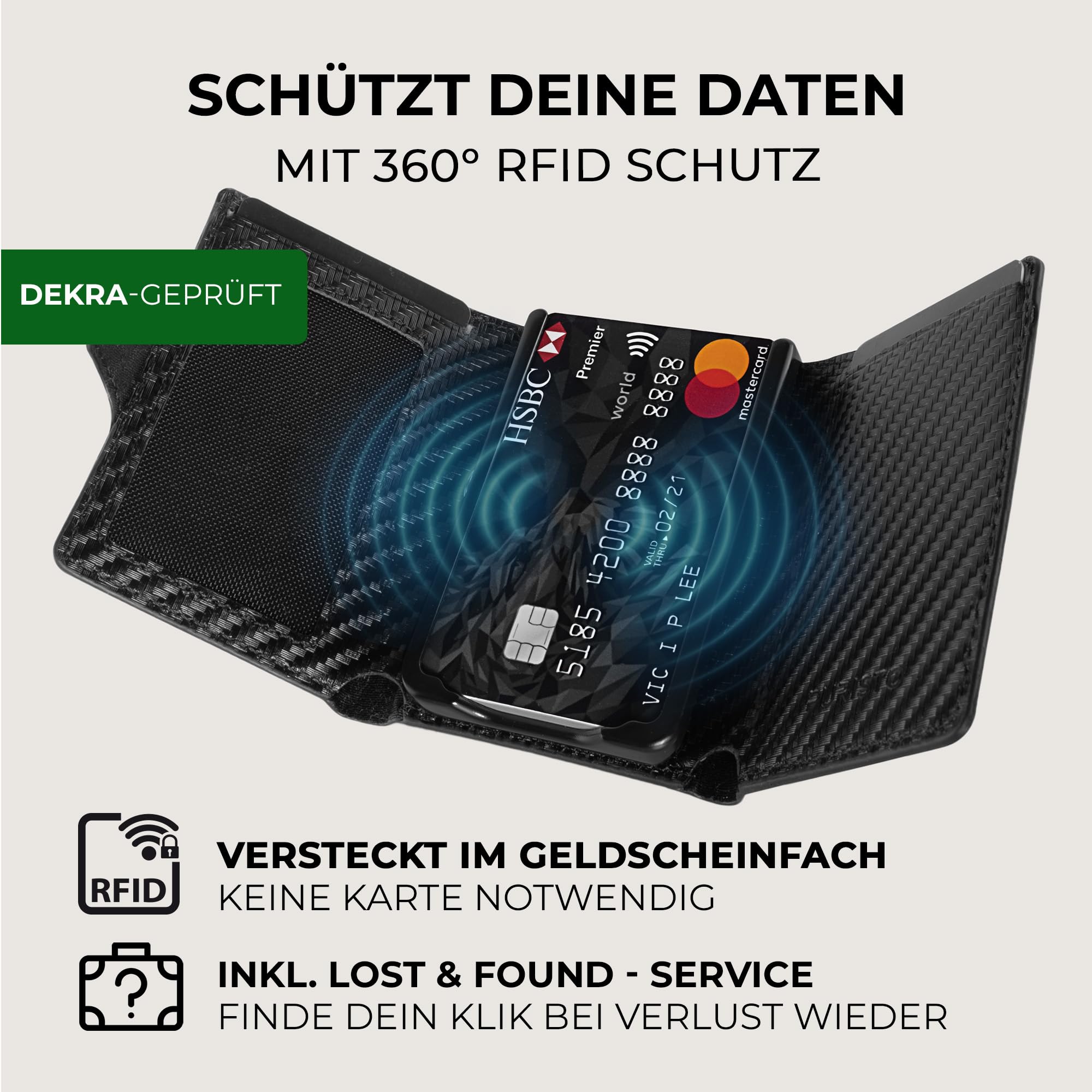 KLIK Classic Slim Wallet mit Münzfach - Mini-Geldbörse für Herren aus Echtleder - Kleines Kartenetui mit RFID-Schutz für 10-14 Karten - Carbon
