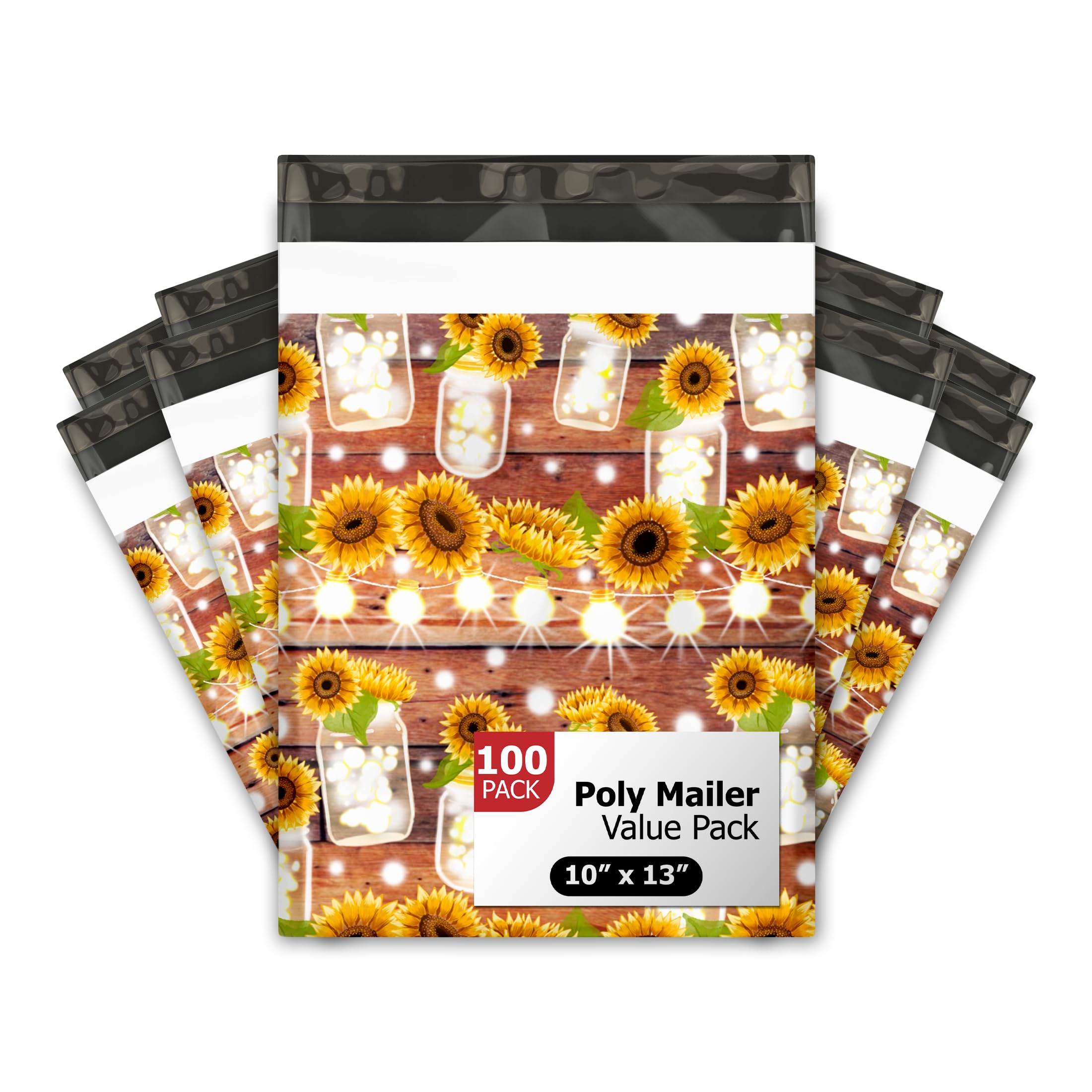 10x13 (100) Sunflower Mason Jars Fall Designer Poly Mailers Waterproof Self Sealing Tear Resistant Polymailers Shipping Envelopes Premium Printed Bags For Small Businesses
