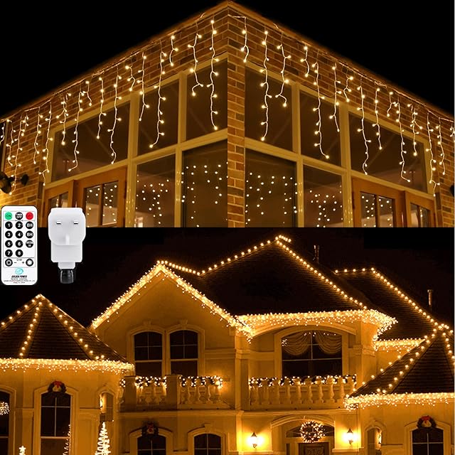 Icicle Outdoor Christmas lights 9M/29ft, 360 LED Christmas Icicle Lights Mains Powered, Warm White Christmas Fairy Lights with Timer, 8 Modes, Icicle Lights for Roof, Eaves, Window (Clear Cable)