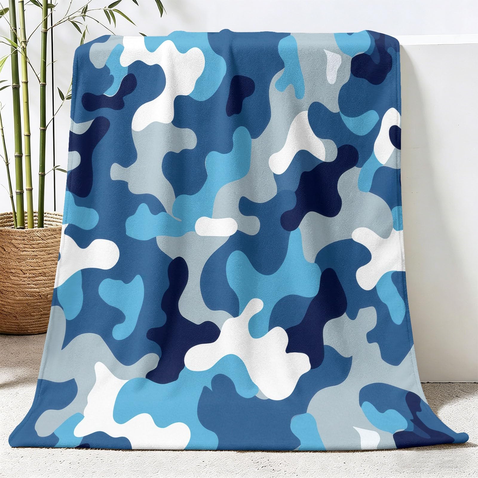 Kamuflaż koc polarowy 150 x 200 cm, miękki koc ciepły wygodny flanelowy nadruk moro dla dorosłych i dzieci, koce hipoalergiczny, niebiesko-szary
