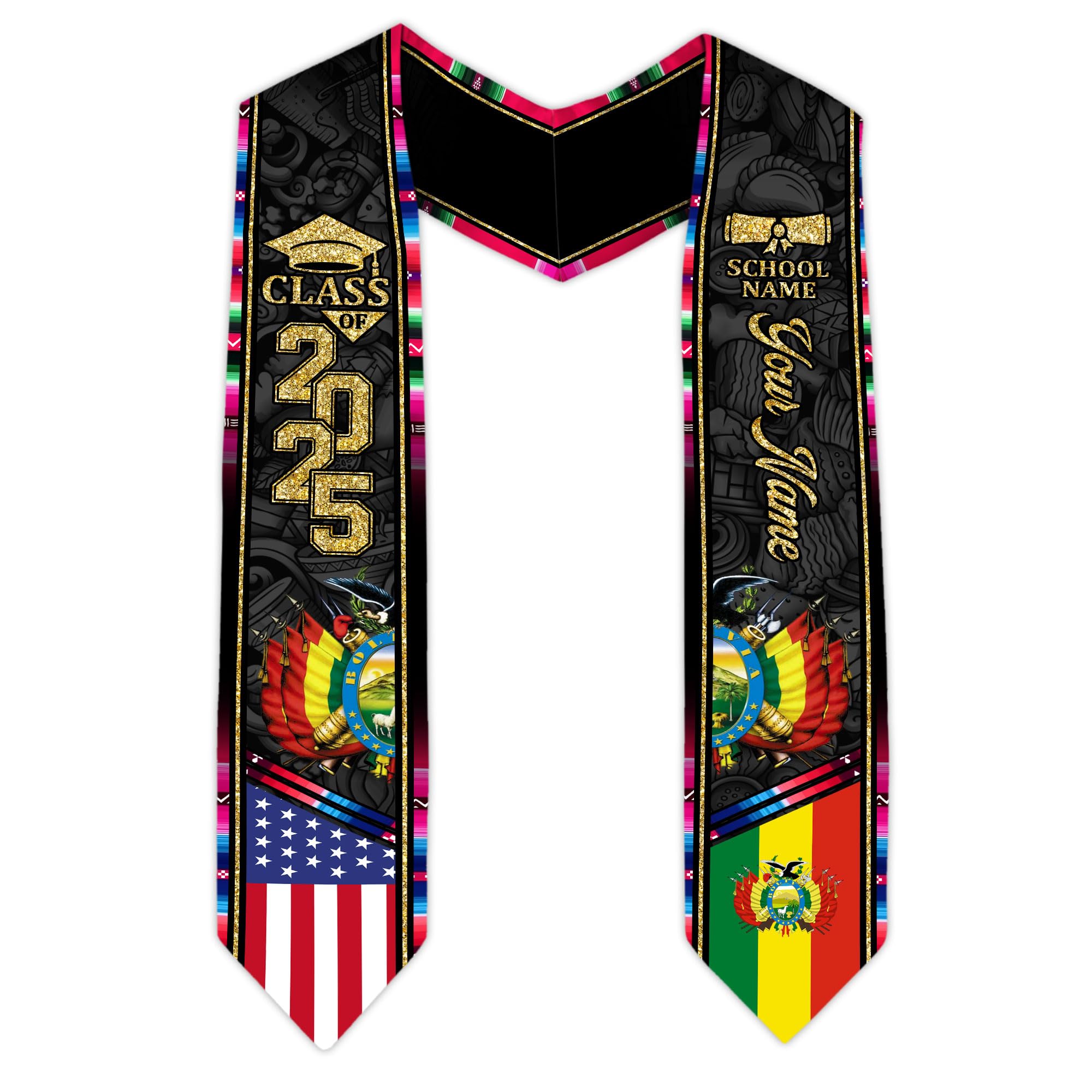 MonkeyVan Personalized Bolivia Graduation Stole, Bolivian Graduation Sash, Bolivia Flag Graduation Stole, Class of 2025 M54