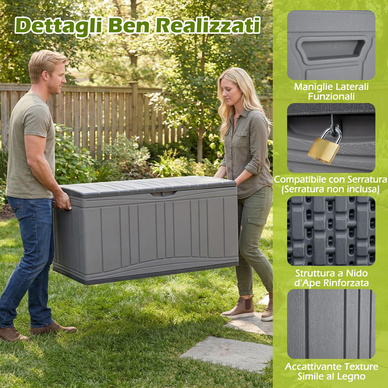 COSTWAY Baule da Esterno 300L Impermeabile in Resina, Cassapanca Contenitore da Esterno con Pistoni a Gas, Predisposizione per Serratura e 2 Maniglie Laterali, Resistente, 114 x 55 x 61 cm (Grigio) - 4