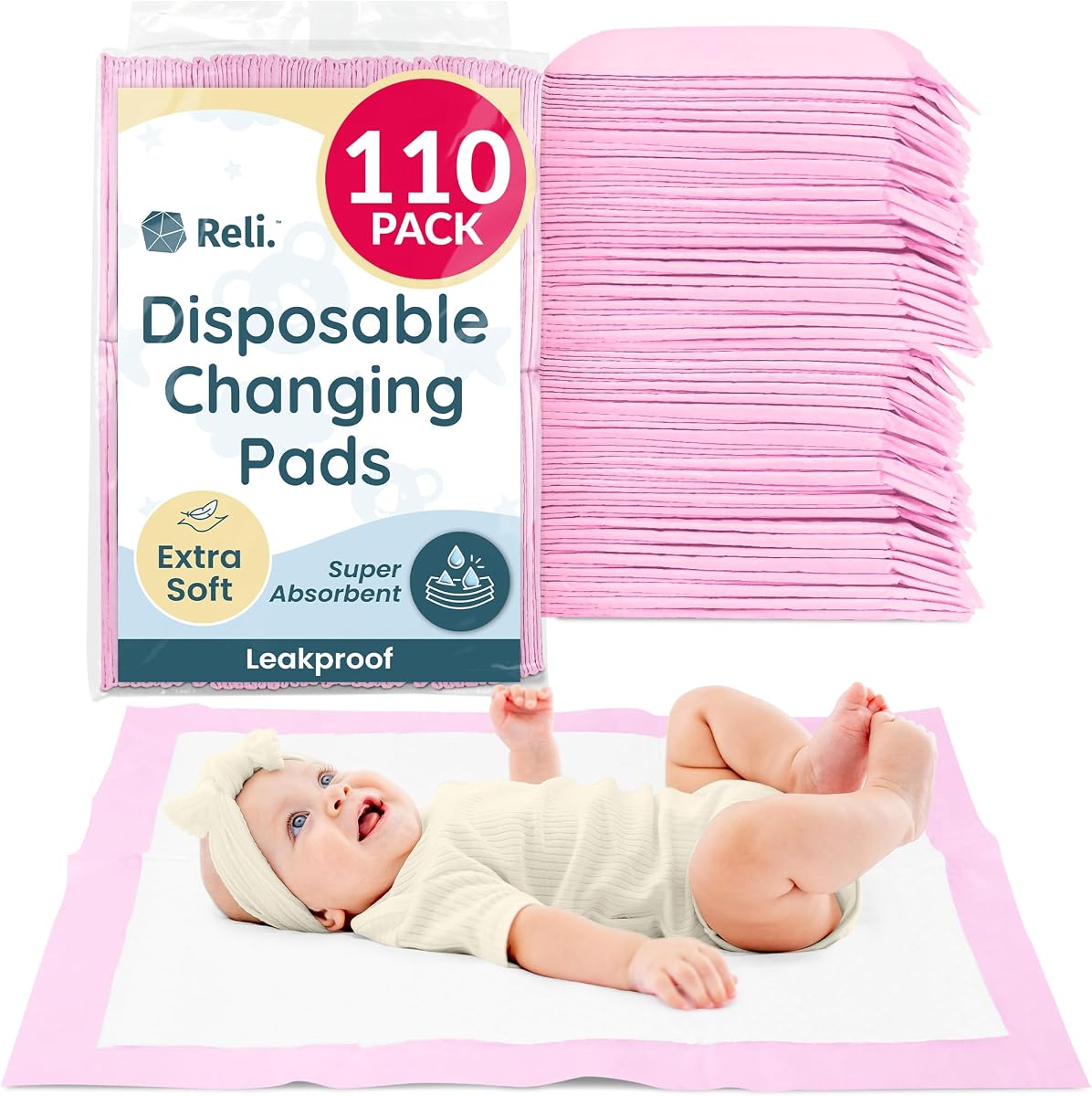 Disposable Changing Pads for Baby (110 Pack) | 13" x 18" Pink Disposable Diaper Changing Pad Liners | Super Absorbent, Leak-Proof | Waterproof, Quick Dry Underpads