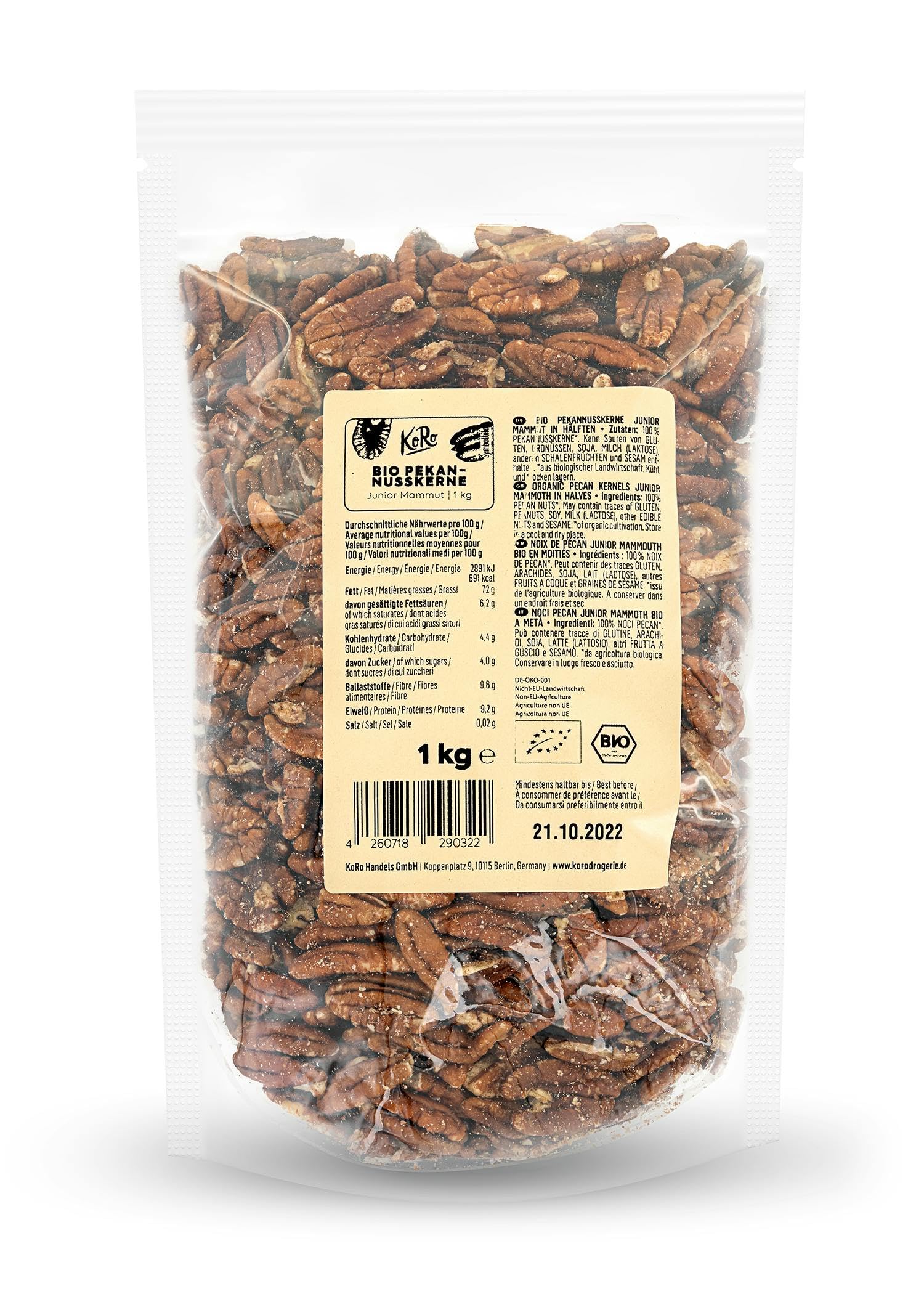 KoRo - Bio Pekanusskerne 1 kg - Top Bio-Qualität - Ideal zum Backen und Kochen - Ganze Kerne