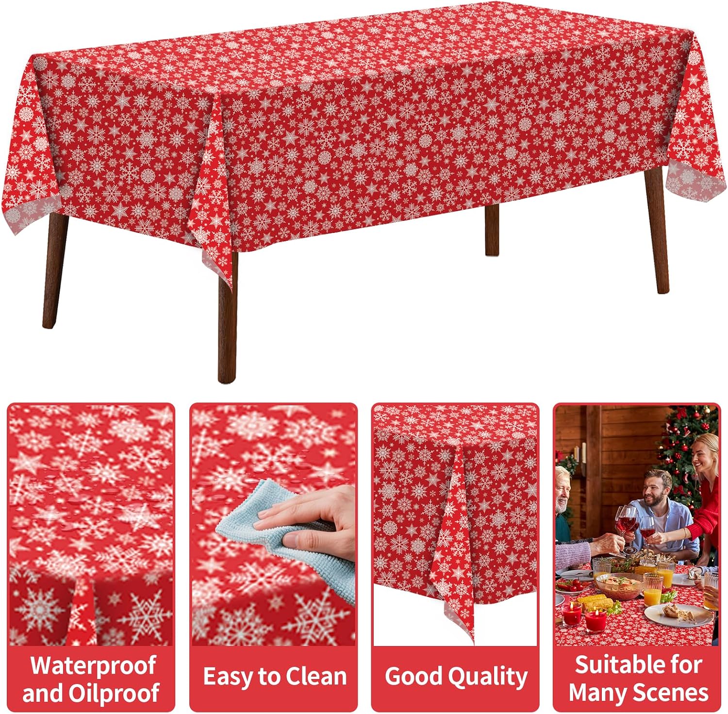 4 Pack Christmas Snowflake Tablecloth Disposable Plastic Tablecloth Table Cover for Christmas Party Decoration Supplies 54 x 108 Inches (Red Snowflake) image 3