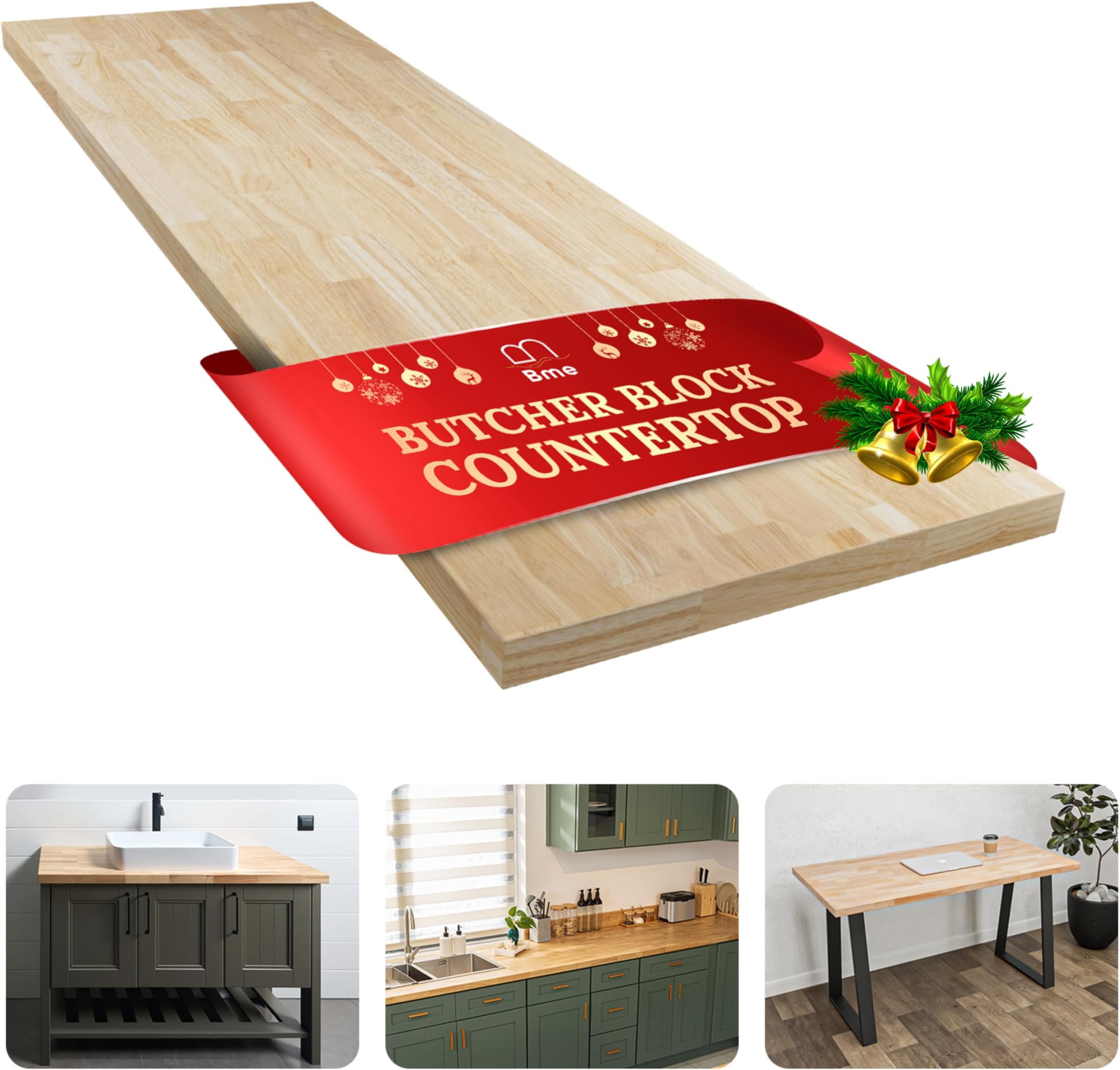 Bme Hevea Solid Wood Butcher Block Countertop, Unfinished Butcher Block Table...