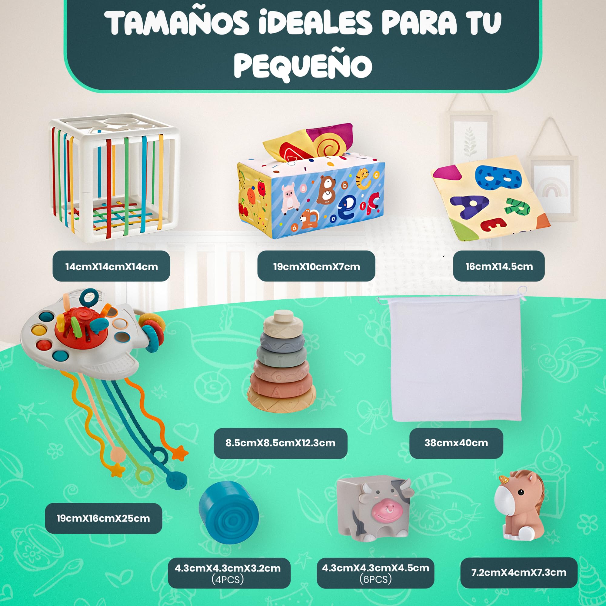 Set Montessori Bebé 6 en 1 – Juguetes Sensoriales y Educativos: Bloques Suaves, Apilables, Caja de Pañuelos y Formas | 34 Piezas | Regalo 6-36 Meses Niño-Niña