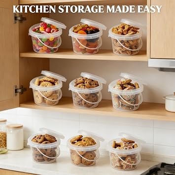 NUOBESTY 10 PCS Food Storage Containers, 10oz Mini Clear Plastic Buckets with Lids and Handles, Airtight Small Storage Pails for Kitchen Organization, Snack, Candy, Yogurt and Pantry Fridge Bins