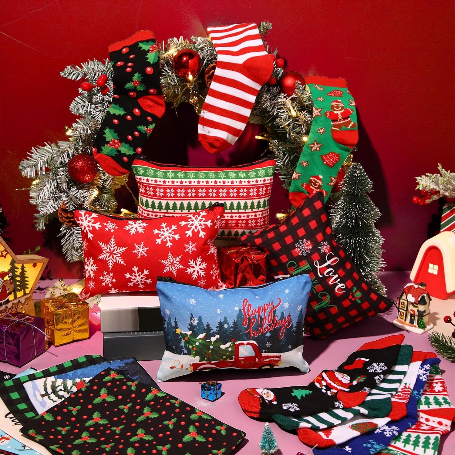 28 Pcs Christmas Gifts for Women Include 14 Pcs Christmas Makeup Bags and 14 Pairs Christmas Socks, Xmas Snowman Snowflake Santa Cosmetic Bags Bulk Holiday Socks