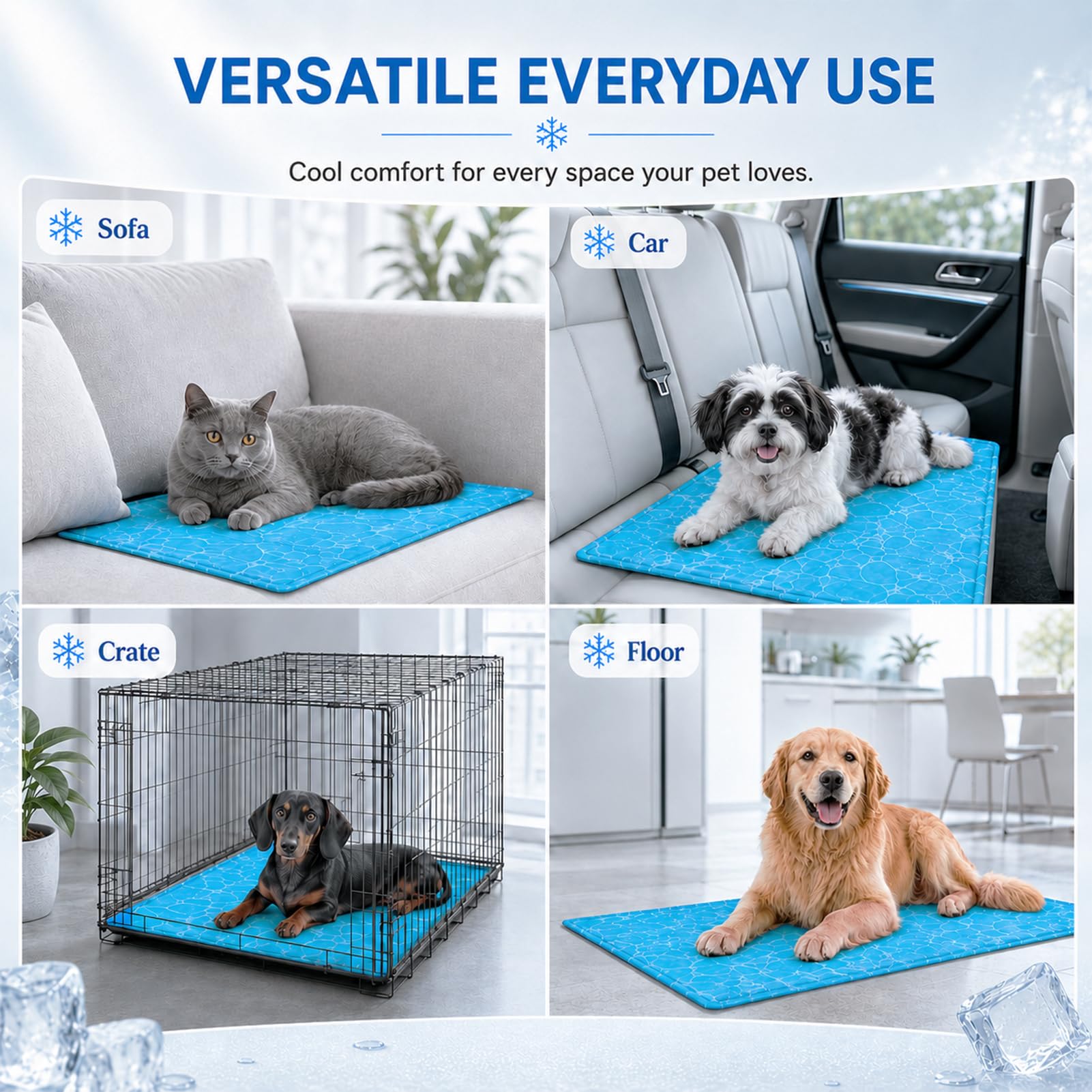 Alfombra Refrescante para Perros y Gatos, Cama de Gel Resistente a Arañazos, Cojín Frío Plegable Impermeable para Interior Exterior Viaje Coche Transportín Sofá (Blue,70×110cm)