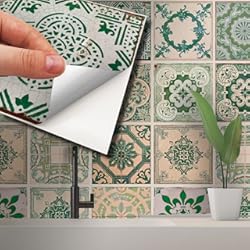 Losetas Vinilicas Para Pared De Cocina Walplus Vinilo Adhesivo Estampado Losetas Adhesivas Pared Cocina Decoracion Protector No Tóxicos Fácilmente Extraíble Vintage Verde Antiguo Azulejo 24Pcs 15Cm(6") Crema Claro