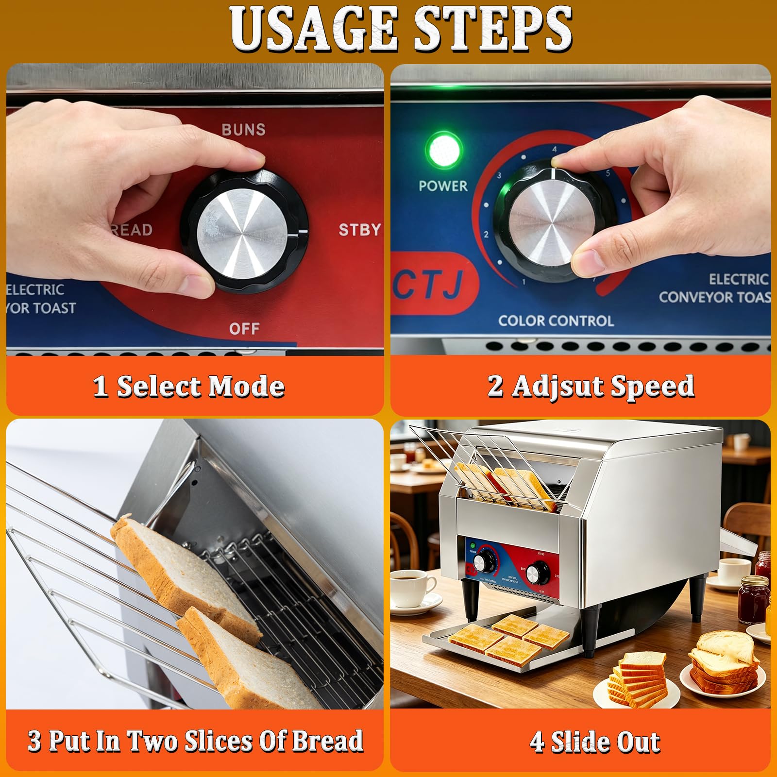 CTJ - tostador comercial de acero inoxidable de 300 rebanadas/horas, tostador eléctrica, tostador de restaurante resistente, tostador para tostadas, cruasanes, panecillos de panecillos