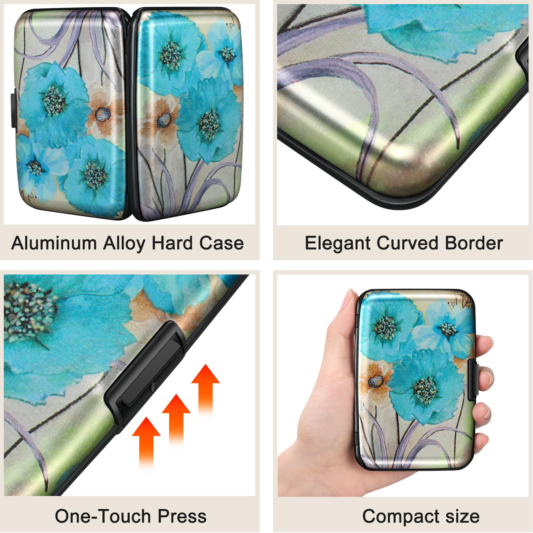 ELFISH - Mini portafoglio in alluminio con blocco RFID, porta carte di credito, porta biglietti da visita, custodia in metallo, unisex (fiore blu)