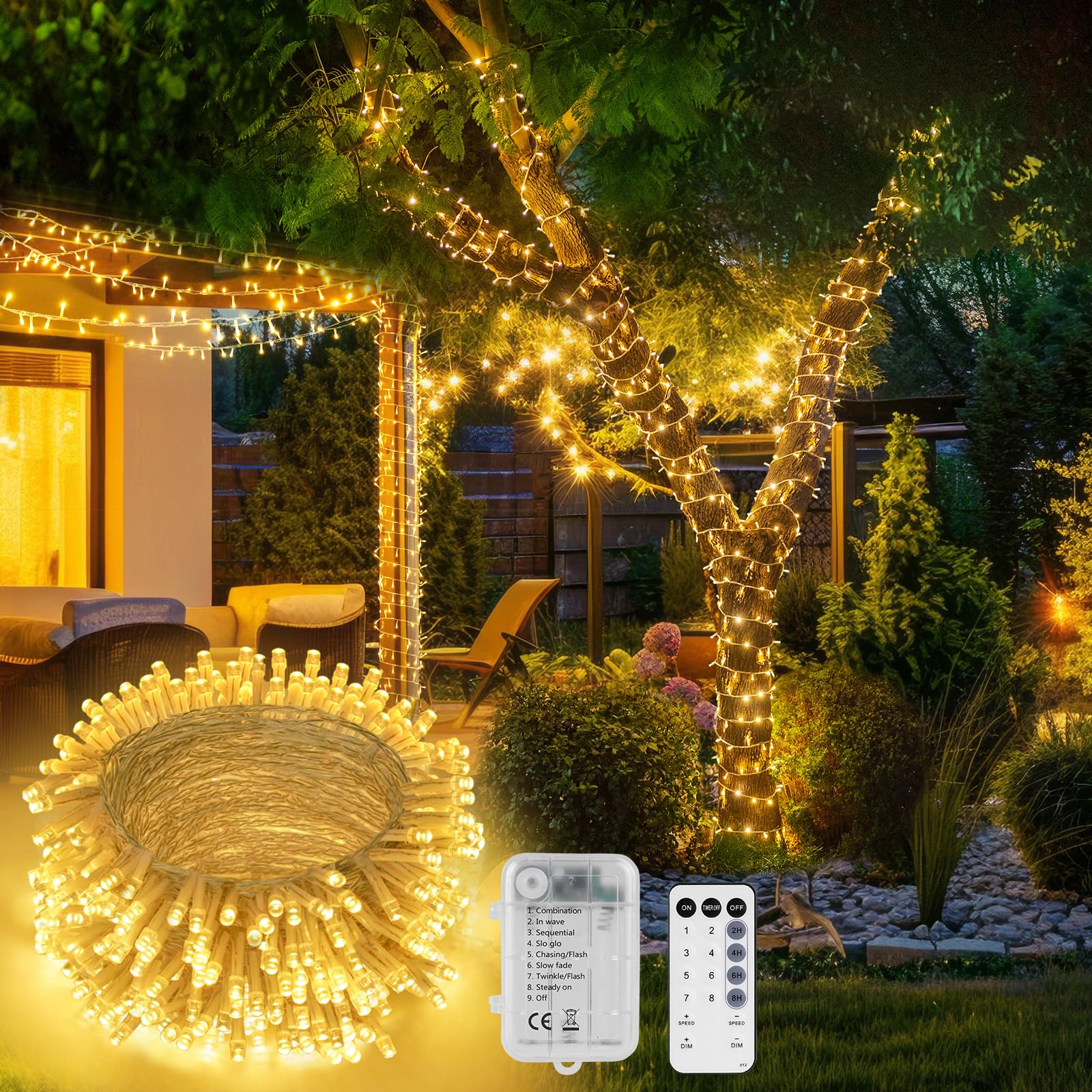 StarryEver Cadena de luces LED para exterior con mando a distancia, cadena de luces LED para exteriores, batería de 5 m, 100 LED, para habitaciones, dormitorios, balcones, jardines, Navidad