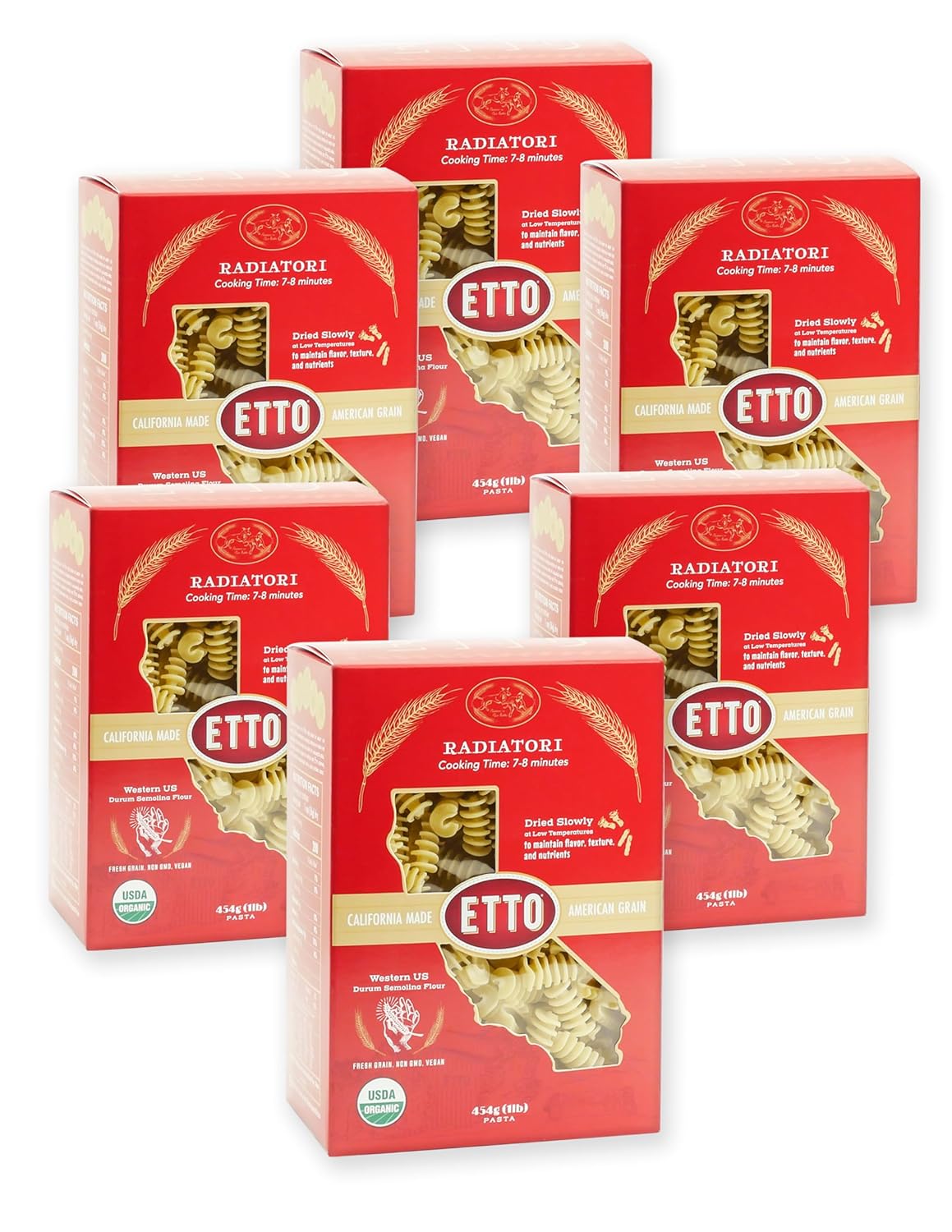 Etto Pasta- Organic Radiatori Pasta- Single Ingredient- Non-GMO Pasta- Vegan, Vegetarian, Organic Pasta. Protein-rich, All Natural- Durum Wheat Semolina Gourmet Pasta. Small Batch Crafted Pasta. Proudly Made in California- 6 Boxes (6 Pounds)