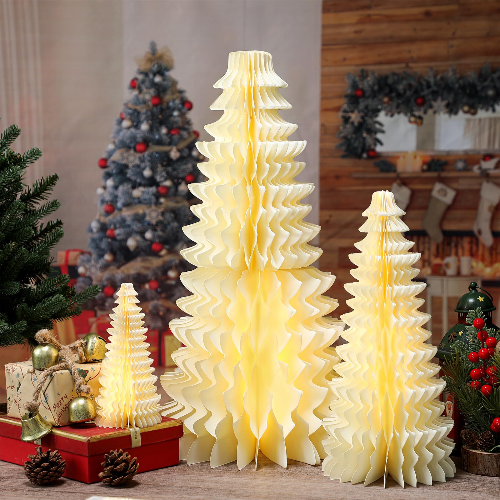 3 decorazioni natalizie illuminate per albero di Natale in carta, 61 cm, 40 cm, 20 cm, alberi di carta a nido d'ape bianchi illuminati a batteria, centrotavola per interni, decorazione da