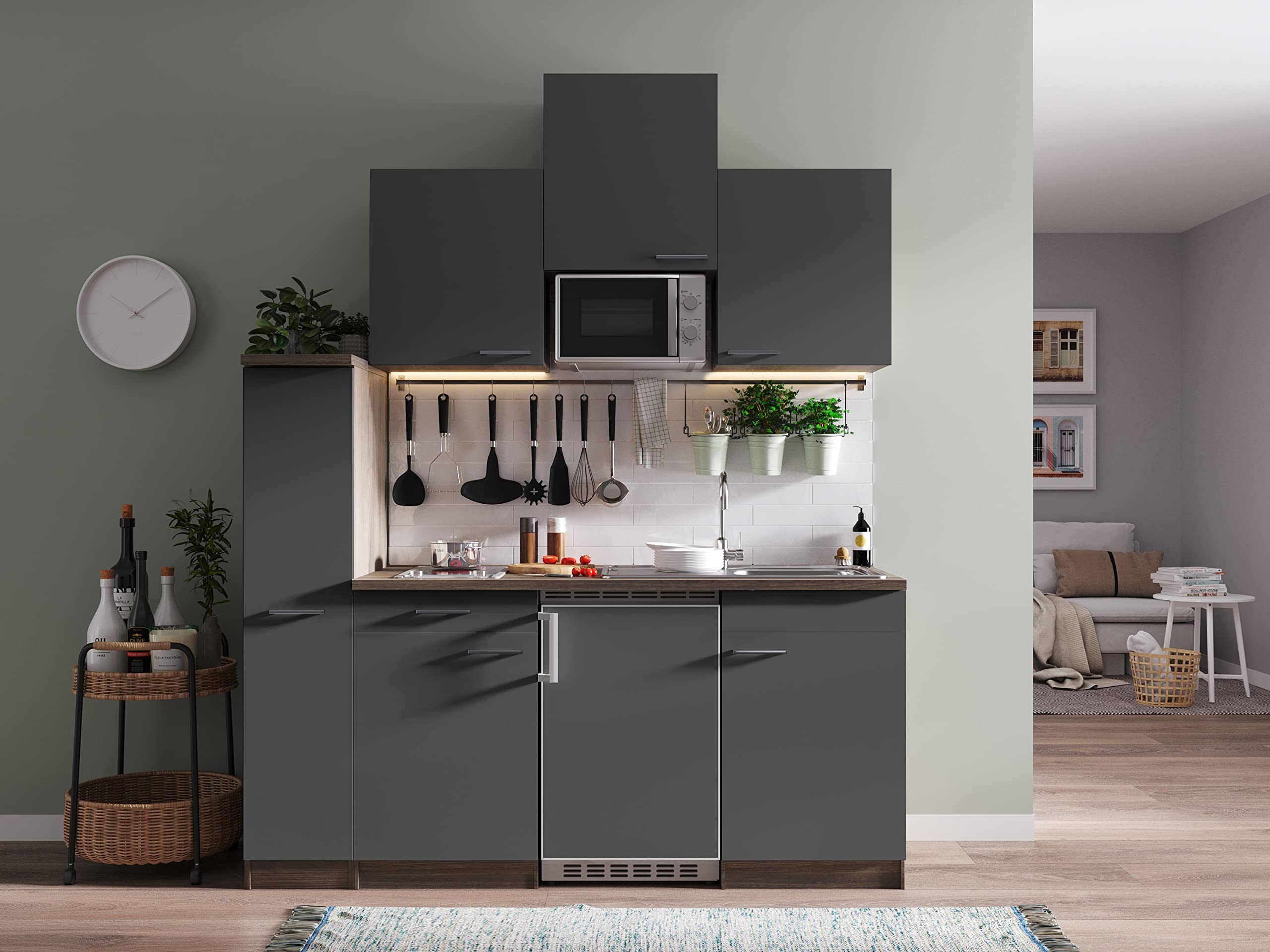 respekta Küchenzeile Oliver KB180EYGMIC Grau 180 cm Breite mit Elektrogeräten