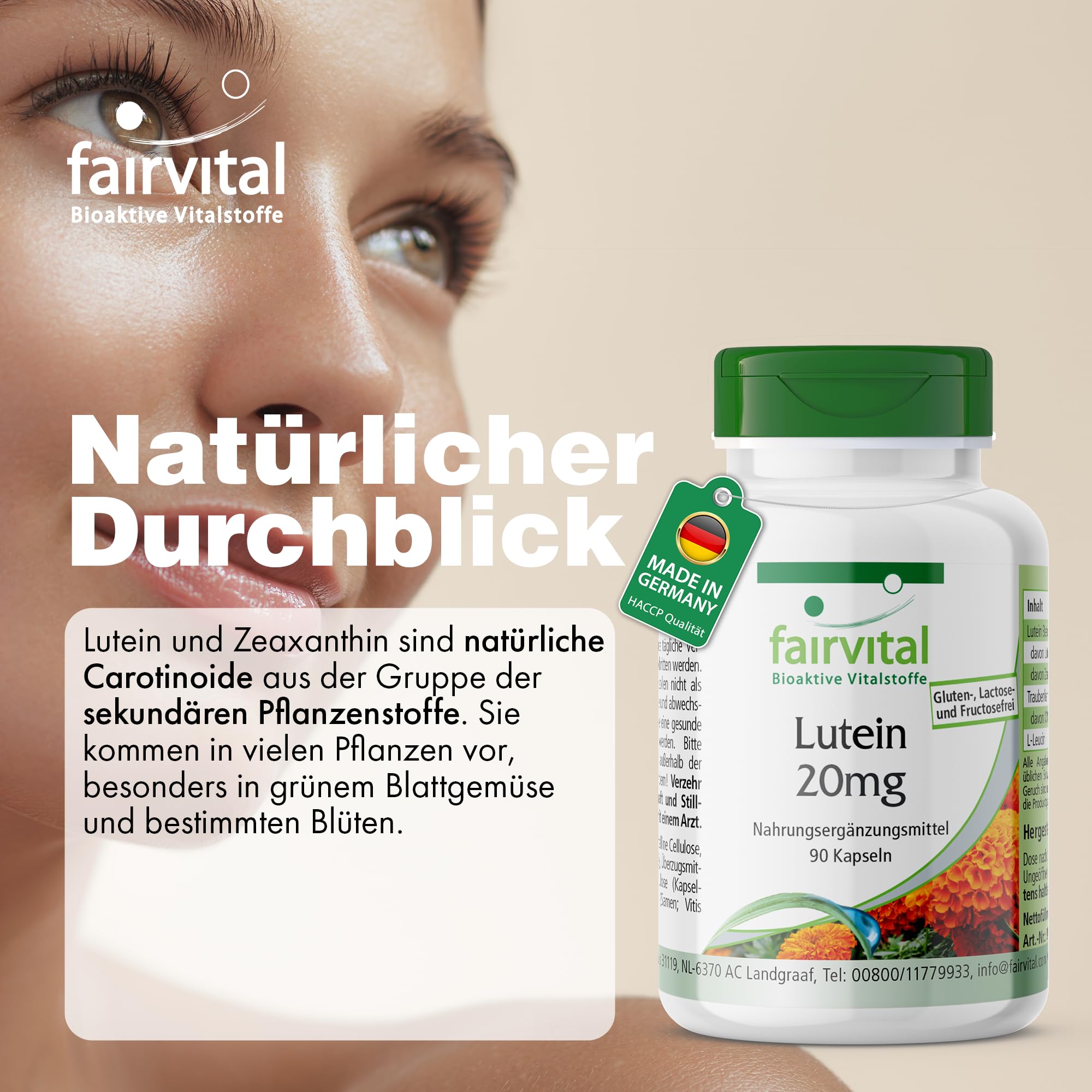 fairvital Lutein 20mg + Zeaxanthin, 90 Kapseln, schluckfreundlich, Hochdosiert & mikroverkapselt, VEGAN, ohne Magnesiumstearat