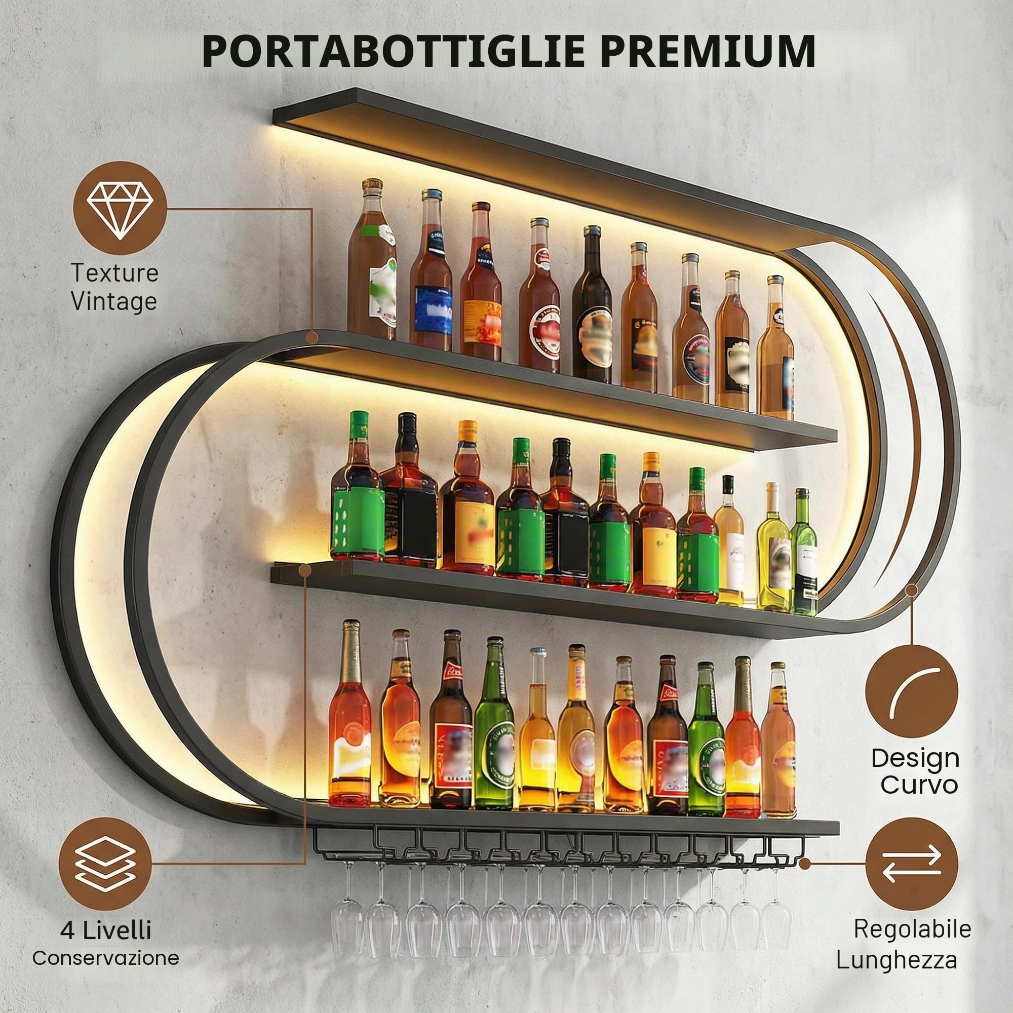 Portabottiglie da parete, mensole da bar sospese a 4 livelli, mensola portabottiglie in metallo industriale, per arredamento da bar e sala da pranzo, nero (150cm)